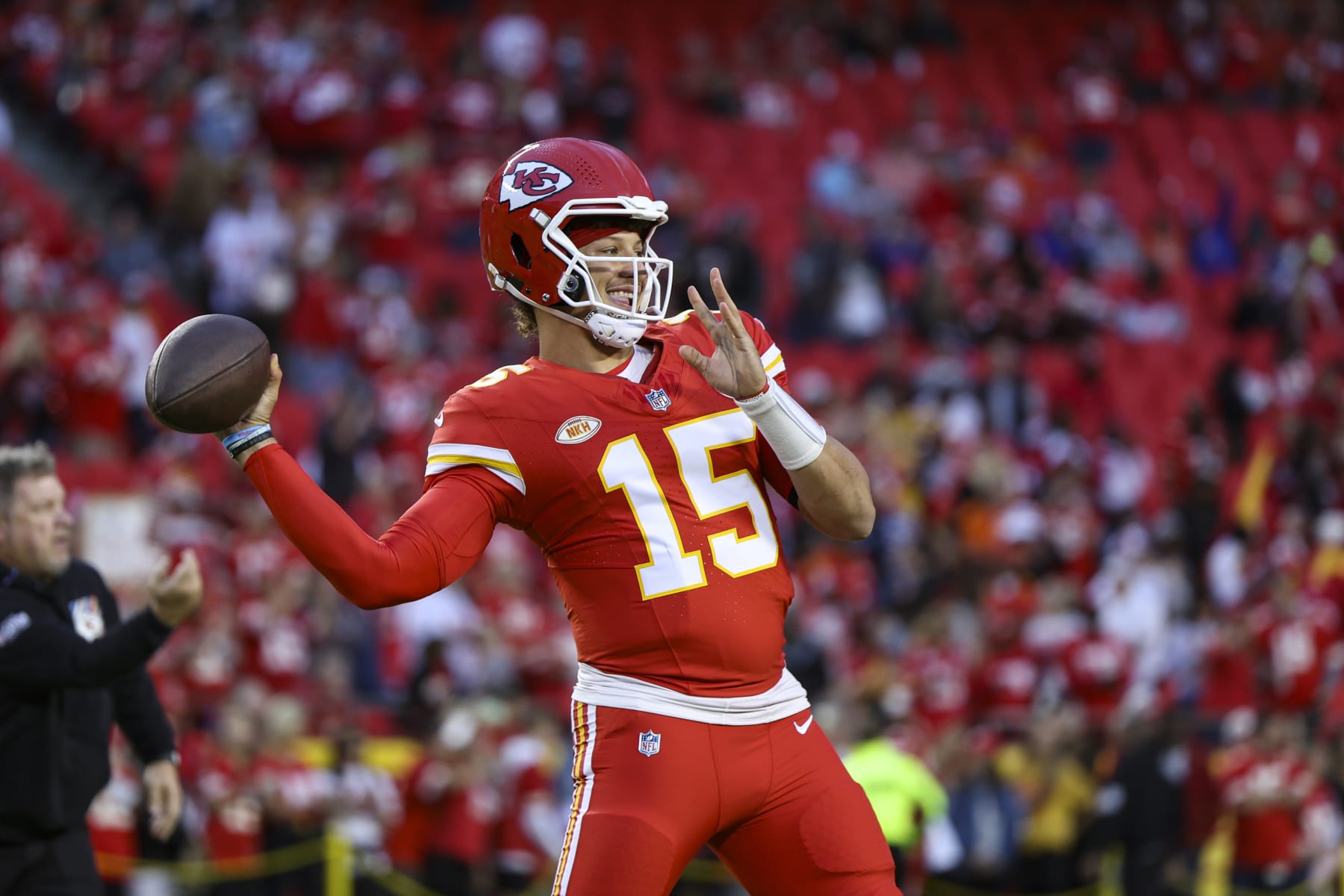 KANSAS CITY, MO - OCTOBER 12: Patrick Mahomes #15 of the Kansas City Chiefs warms up prior to an NFL football game against the Denver Broncos at GEHA Field at Arrowhead Stadium on October 12, 2023 in Kansas City, Missouri. (Photo by Perry Knotts/Getty Images)