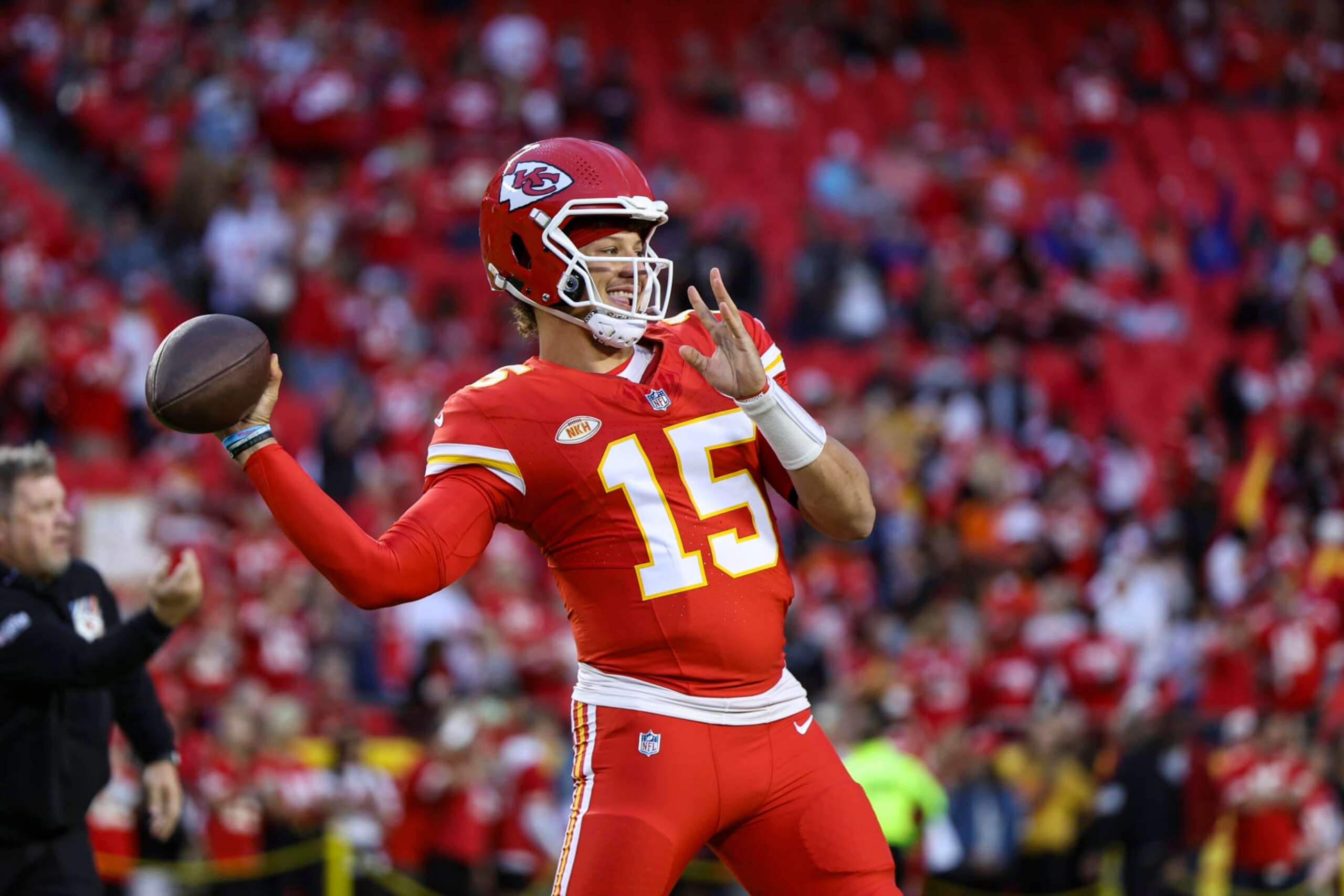 KANSAS CITY, MO - OCTOBER 12: Patrick Mahomes #15 of the Kansas City Chiefs warms up prior to an NFL football game against the Denver Broncos at GEHA Field at Arrowhead Stadium on October 12, 2023 in Kansas City, Missouri. (Photo by Perry Knotts/Getty Images)