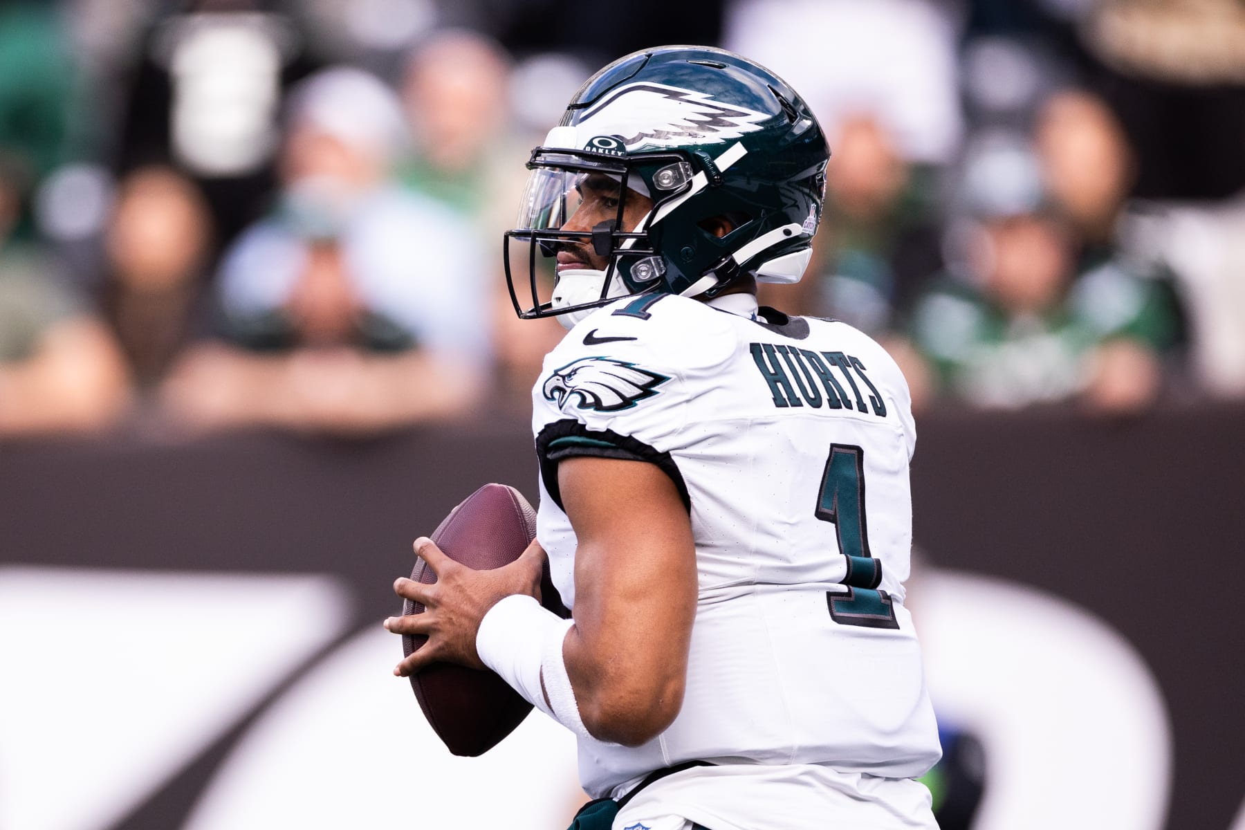 EAST RUTHERFORD, NEW JERSEY - OCTOBER 15: Jalen Hurts #1 of the Philadelphia Eagles throws a pass during the first quarter in the game against the New York Jets at MetLife Stadium on October 15, 2023 in East Rutherford, New Jersey. (Photo by Dustin Satloff/Getty Images)