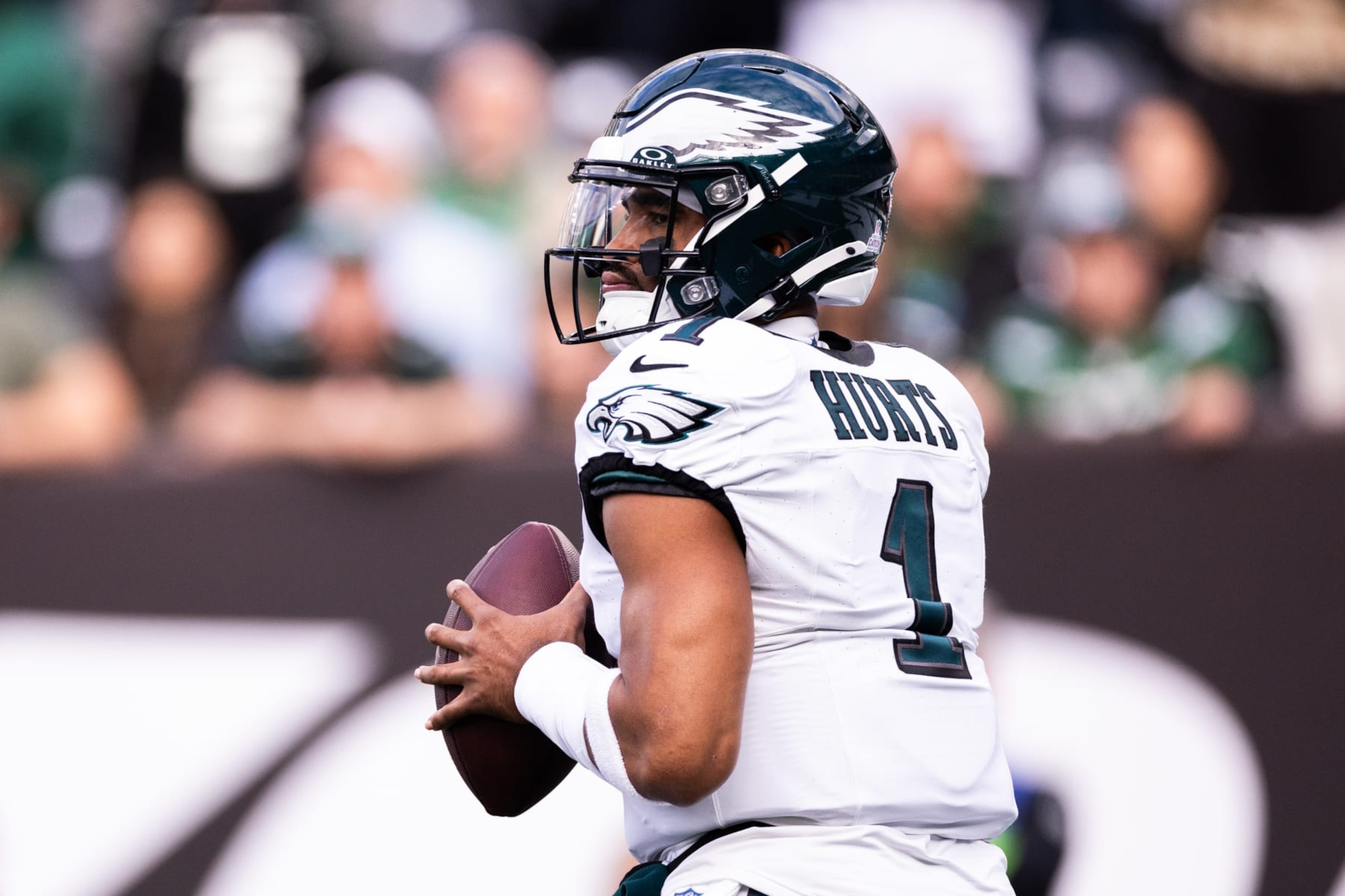 EAST RUTHERFORD, NEW JERSEY - OCTOBER 15: Jalen Hurts #1 of the Philadelphia Eagles throws a pass during the first quarter in the game against the New York Jets at MetLife Stadium on October 15, 2023 in East Rutherford, New Jersey. (Photo by Dustin Satloff/Getty Images)