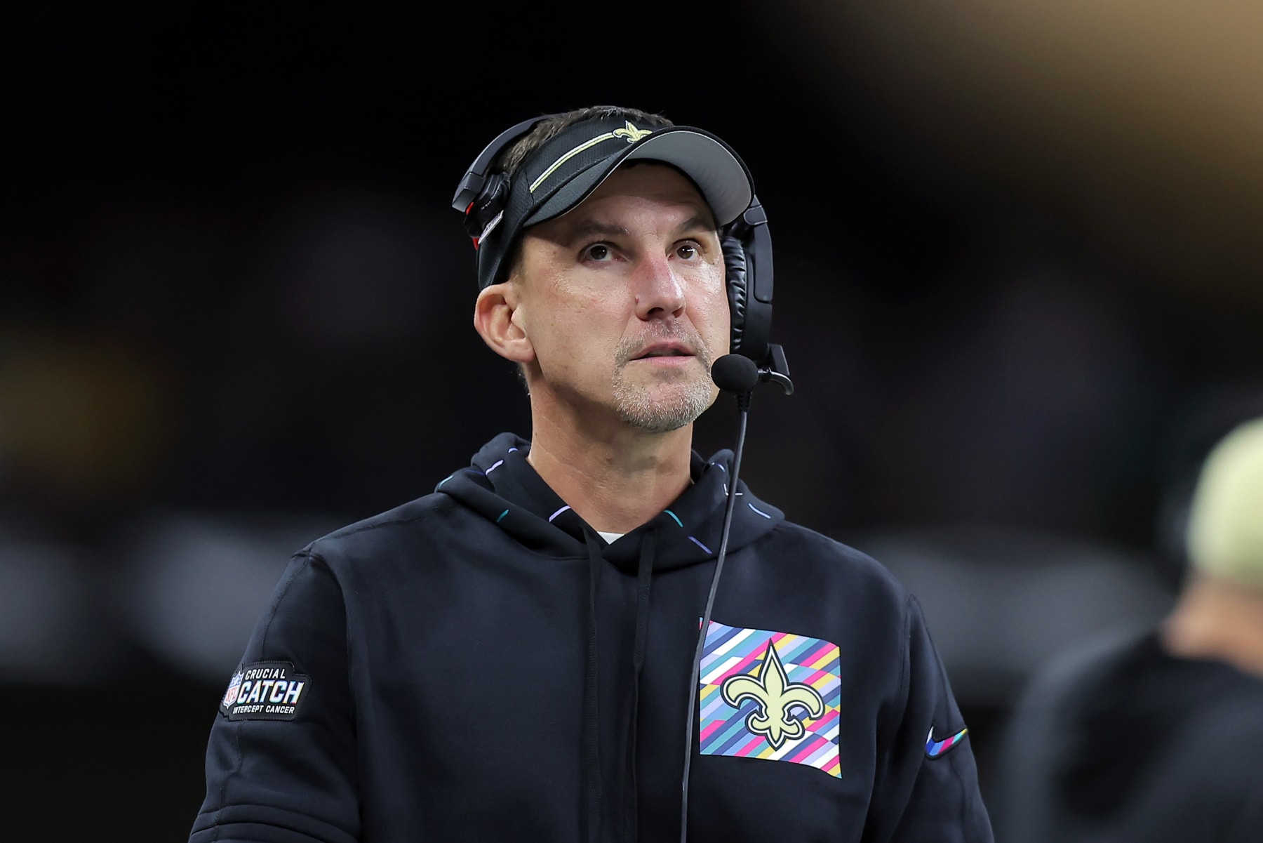 NEW ORLEANS, LOUISIANA - OCTOBER 19: Head coach Dennis Allen of the New Orleans Saints looks on during the first half against the Jacksonville Jaguars at Caesars Superdome on October 19, 2023 in New Orleans, Louisiana. (Photo by Jonathan Bachman/Getty Images)