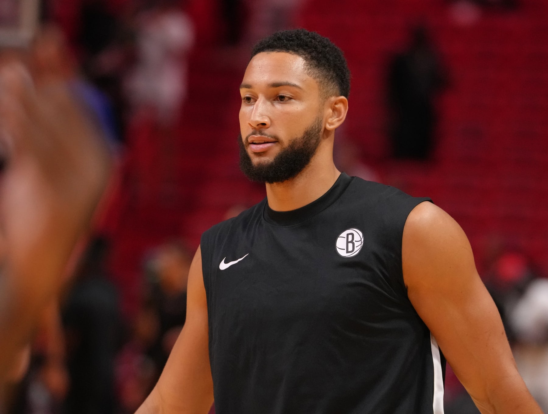 MIAMI, FL - OCTOBER 18: Ben Simmons #10 of the Brooklyn Nets during warm ups before the game against the Miami Heat on October 18, 2023 at Kaseya Center in Miami, Florida. NOTE TO USER: User expressly acknowledges and agrees that, by downloading and or using this Photograph, user is consenting to the terms and conditions of the Getty Images License Agreement. Mandatory Copyright Notice: Copyright 2023 NBAE (Photo by Eric Espada/NBAE via Getty Images)