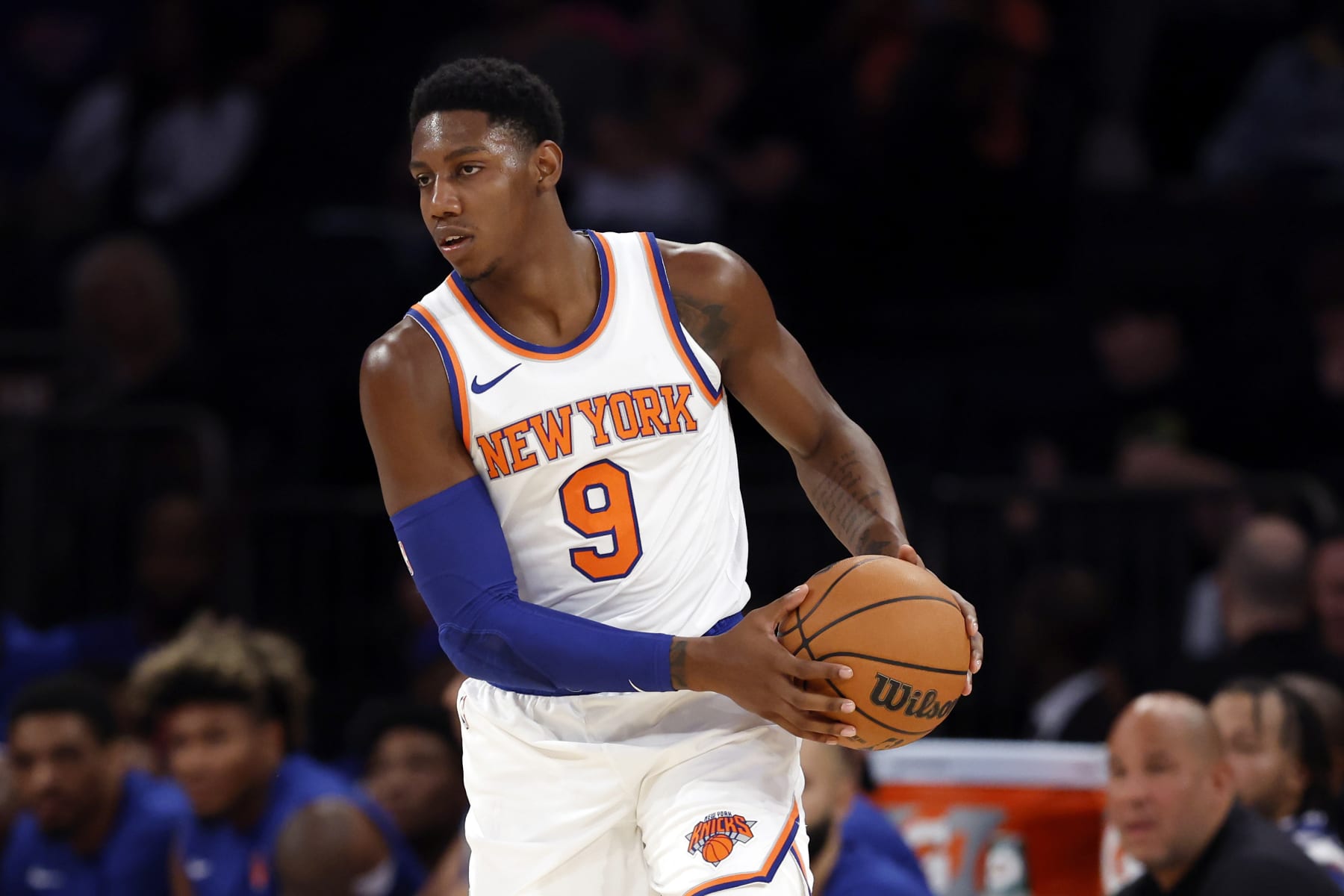 NEW YORK, NEW YORK - OCTOBER 09: RJ Barrett #9 of the New York Knicks dribbles during the first half of a preseason game against the Boston Celtics at Madison Square Garden on October 09, 2023 in New York City. NOTE TO USER: User expressly acknowledges and agrees that, by downloading and or using this photograph, User is consenting to the terms and conditions of the Getty Images License Agreement. (Photo by Sarah Stier/Getty Images)