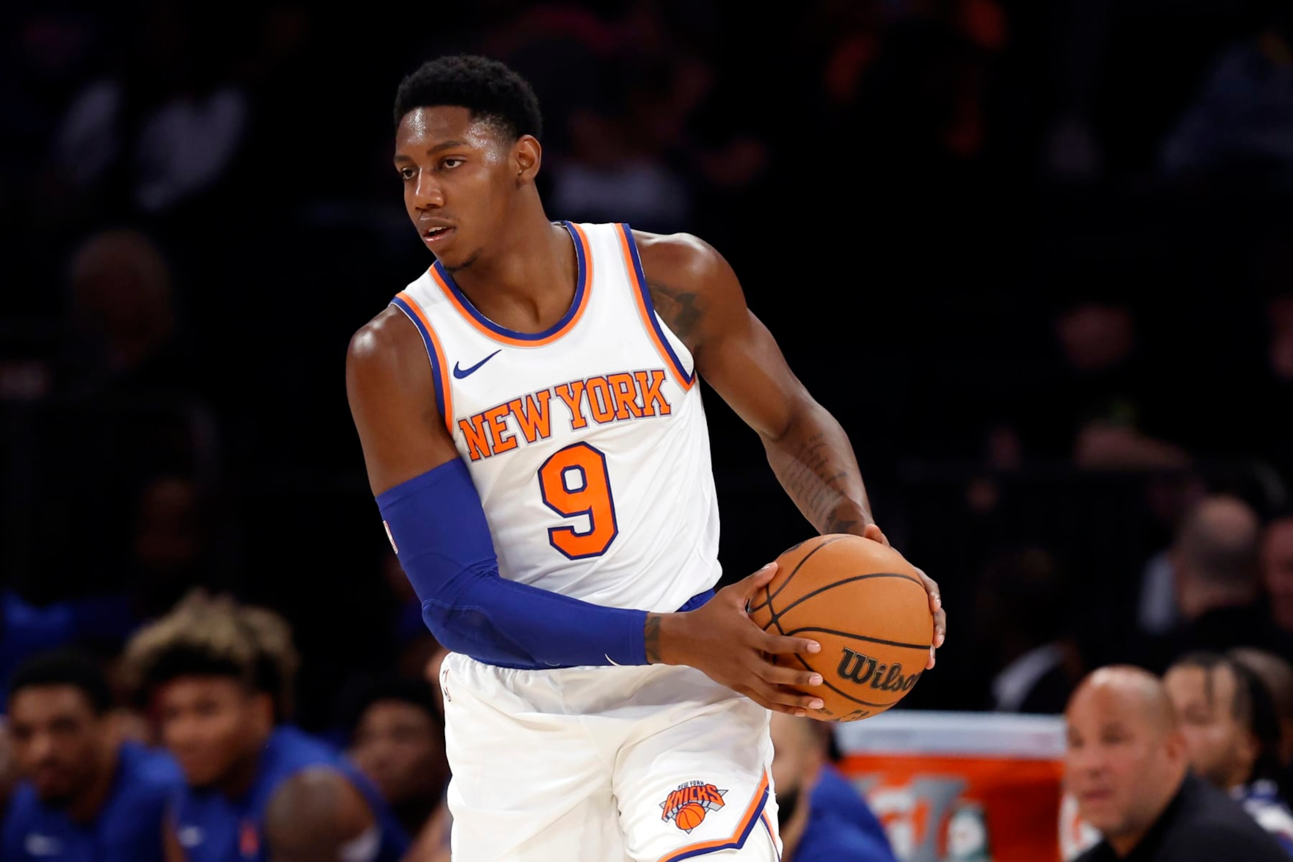 NEW YORK, NEW YORK - OCTOBER 09: RJ Barrett #9 of the New York Knicks dribbles during the first half of a preseason game against the Boston Celtics at Madison Square Garden on October 09, 2023 in New York City. NOTE TO USER: User expressly acknowledges and agrees that, by downloading and or using this photograph, User is consenting to the terms and conditions of the Getty Images License Agreement. (Photo by Sarah Stier/Getty Images)