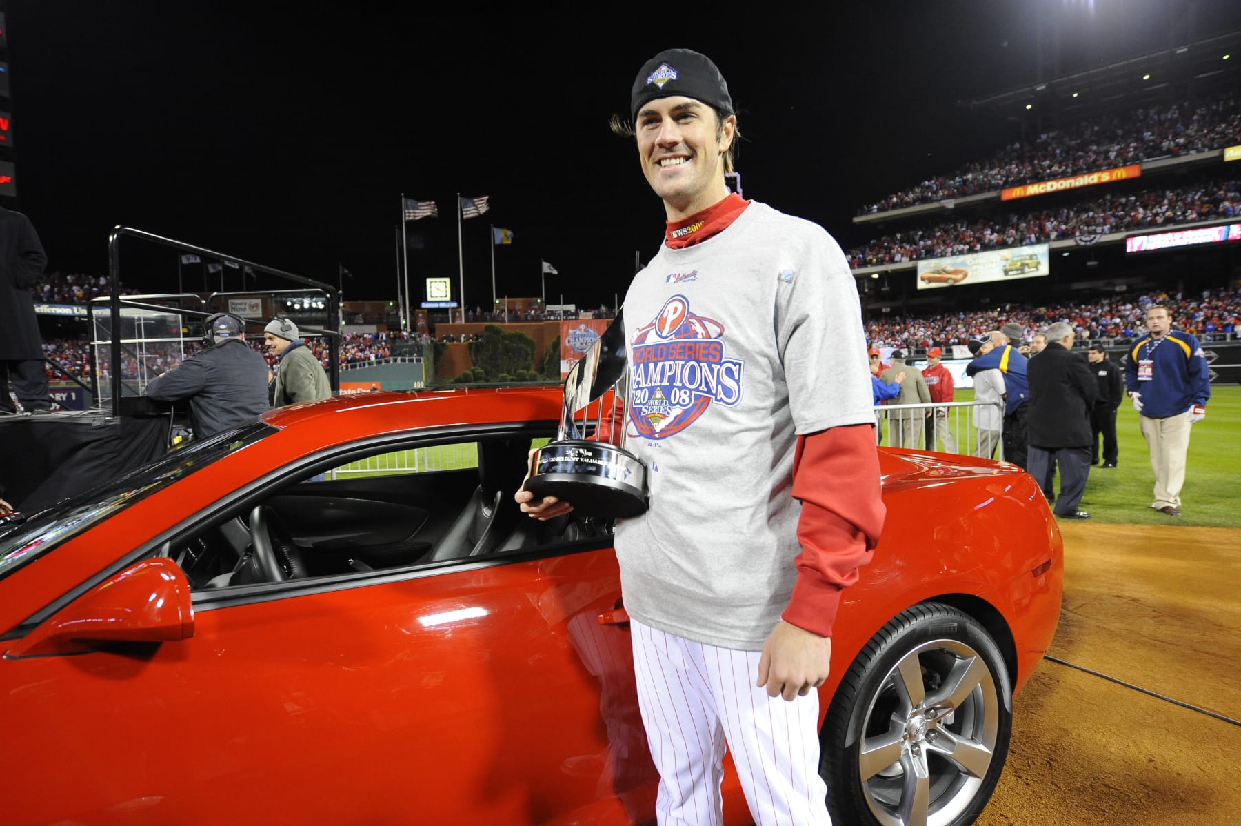 PHILADELPHIA - OCTOBER 29:  Cole Hamels of the Philadelphia Phillies smiles as he holds the World Series MVP trophy after Game Five of the 2008 World Series against the Tampa Bay Rays on October 29, 2008 at Citizens Bank Park in Philadelphia, Pennsylvania.  The Phillies defeated the Rays 4-3 to win the 2008 World Series.  (Photo by Rich Pilling/MLB via Getty Images)