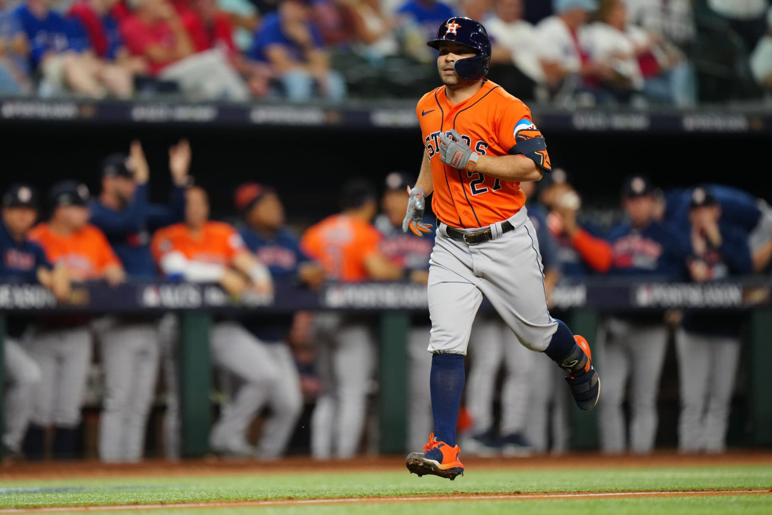 ARLINGTON, TX - OCTOBER 18: Jose Altuve #27 of the Houston Astros rounds the bases after hitting a home run during the third inning of Game 3 of the ALCS between the Houston Astros and the Texas Rangers at Globe Life Field on Wednesday, October 18, 2023 in Arlington, Texas. (Photo by Daniel Shirey/MLB Photos via Getty Images)