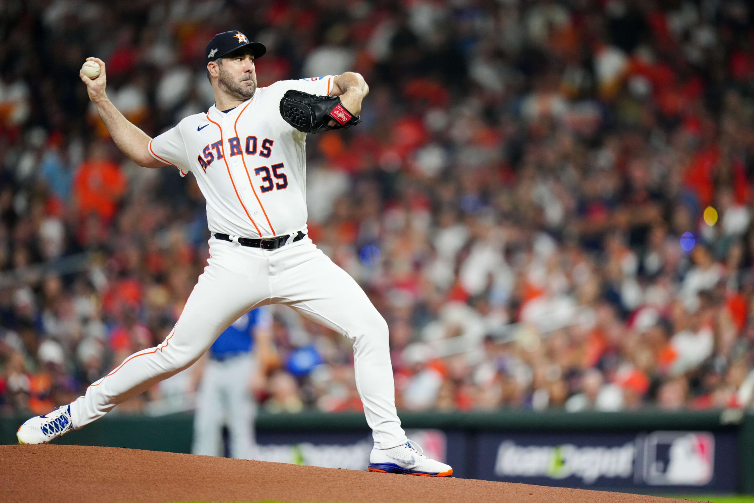 HOUSTON, TX - OCTOBER 15:   Justin Verlander #35 of the Houston Astros pitches during Game 1 of the ALCS between the Texas Rangers and the Houston Astros at Minute Maid Park on Sunday, October 15, 2023 in Houston, Texas. (Photo by Daniel Shirey/MLB Photos via Getty Images)