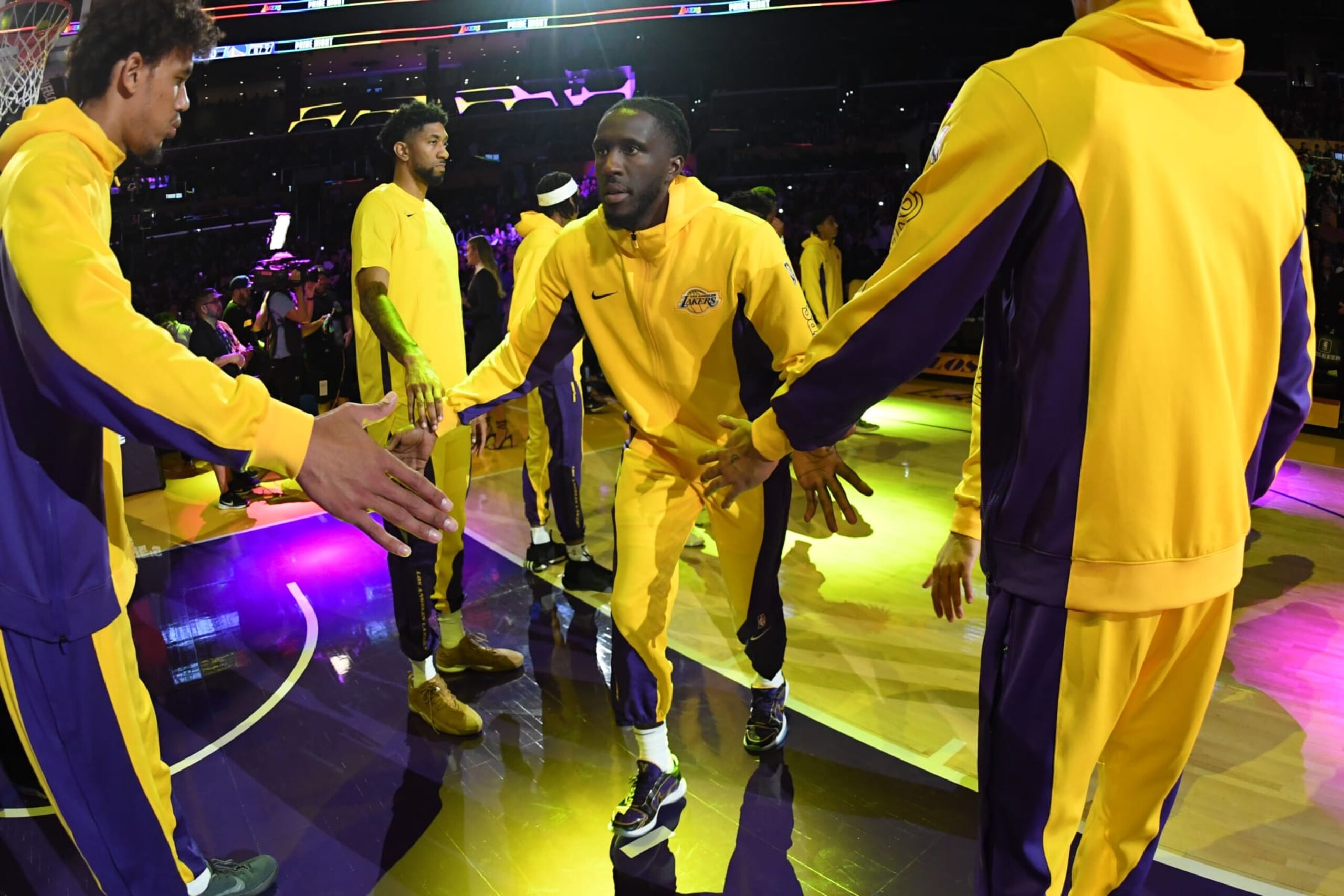 LOS ANGELES, CA - OCTOBER 13: Taurean Prince #12 of the Los Angeles Lakers is introduced before the game against the Golden State Warriors on October 13, 2023 at Crypto.Com Arena in Los Angeles, California. NOTE TO USER: User expressly acknowledges and agrees that, by downloading and/or using this Photograph, user is consenting to the terms and conditions of the Getty Images License Agreement. Mandatory Copyright Notice: Copyright 2023 NBAE (Photo by Andrew D. Bernstein/NBAE via Getty Images)