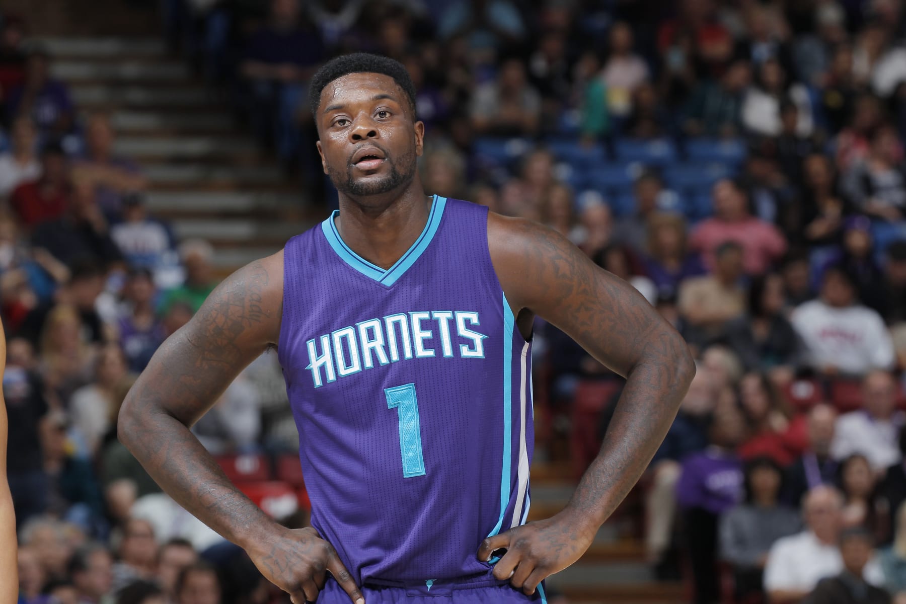 SACRAMENTO, CA - MARCH 20: Lance Stephenson #1 of the Charlotte Hornets looks on during the game against the Sacramento Kings on March 20, 2015 at Sleep Train Arena in Sacramento, California. NOTE TO USER: User expressly acknowledges and agrees that, by downloading and or using this photograph, User is consenting to the terms and conditions of the Getty Images Agreement. Mandatory Copyright Notice: Copyright 2015 NBAE (Photo by Rocky Widner/NBAE via Getty Images)