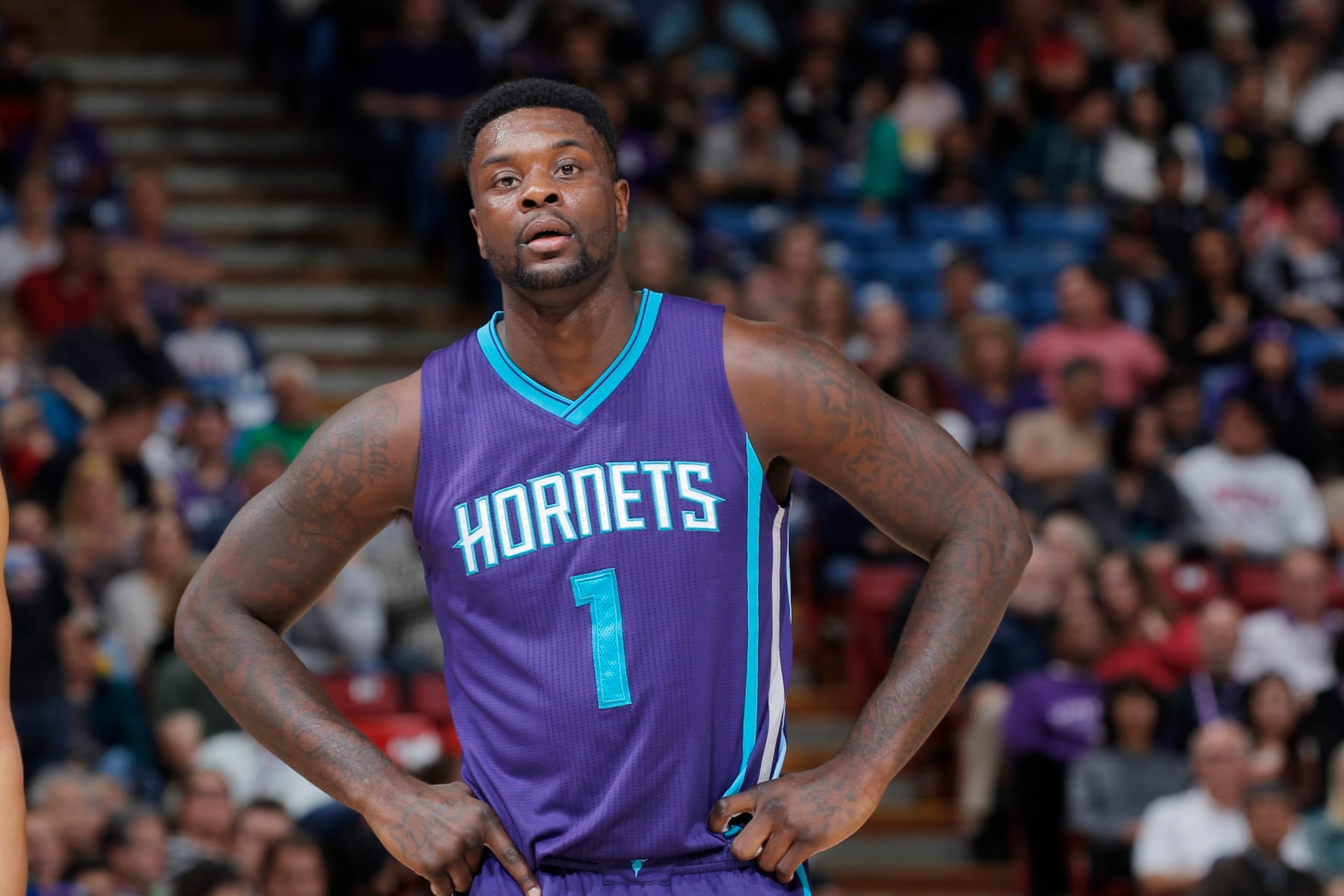 SACRAMENTO, CA - MARCH 20: Lance Stephenson #1 of the Charlotte Hornets looks on during the game against the Sacramento Kings on March 20, 2015 at Sleep Train Arena in Sacramento, California. NOTE TO USER: User expressly acknowledges and agrees that, by downloading and or using this photograph, User is consenting to the terms and conditions of the Getty Images Agreement. Mandatory Copyright Notice: Copyright 2015 NBAE (Photo by Rocky Widner/NBAE via Getty Images)