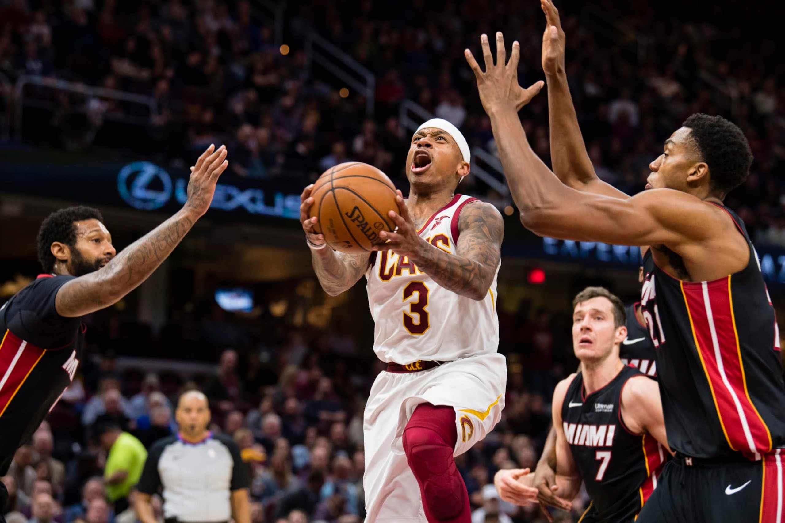 CLEVELAND, OH - JANUARY 31: Isaiah Thomas #3 of the Cleveland Cavaliers shoots over Hassan Whiteside #21 of the Miami Heat during the second half at Quicken Loans Arena on January 31, 2018 in Cleveland, Ohio. The Cavaliers defeated the Heat 91-89. NOTE TO USER: User expressly acknowledges and agrees that, by downloading and or using this photograph, User is consenting to the terms and conditions of the Getty Images License Agreement. (Photo by Jason Miller/Getty Images)