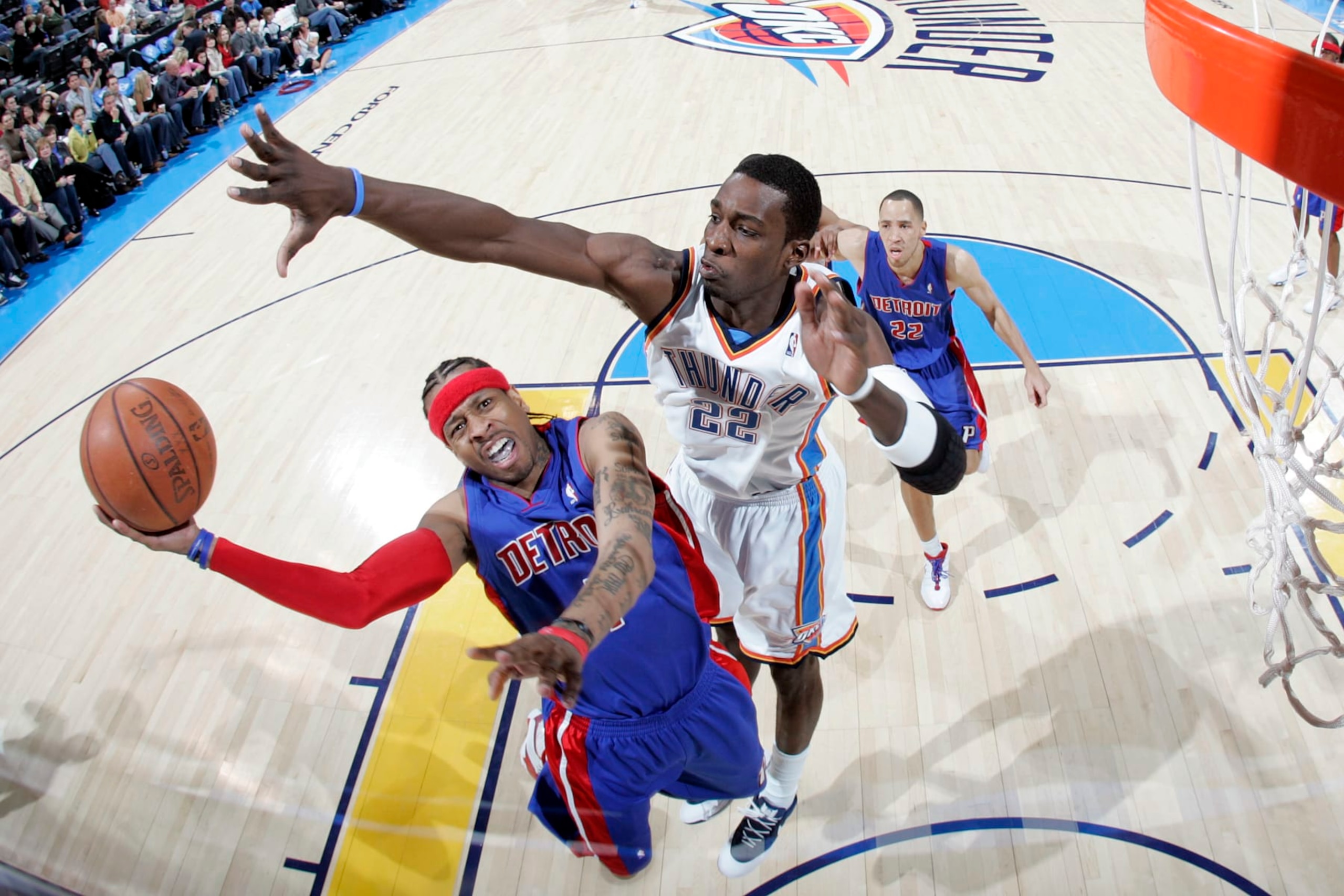 OKLAHOMA CITY - JANUARY 16:  Allen Iverson #1 of the Detroit Pistons shoots against Jeff Green #22 of the Oklahoma City Thunder on January 16, 2009 at the Ford Center in Oklahoma City, Oklahoma. NOTE TO USER: User expressly acknowledges and agrees that, by downloading and or using this Photograph, user is consenting to the terms and conditions of the Getty Images License Agreement. Mandatory Copyright Notice: Copyright 2009 NBAE (Photo by Layne Murdoch/NBAE via Getty Images)