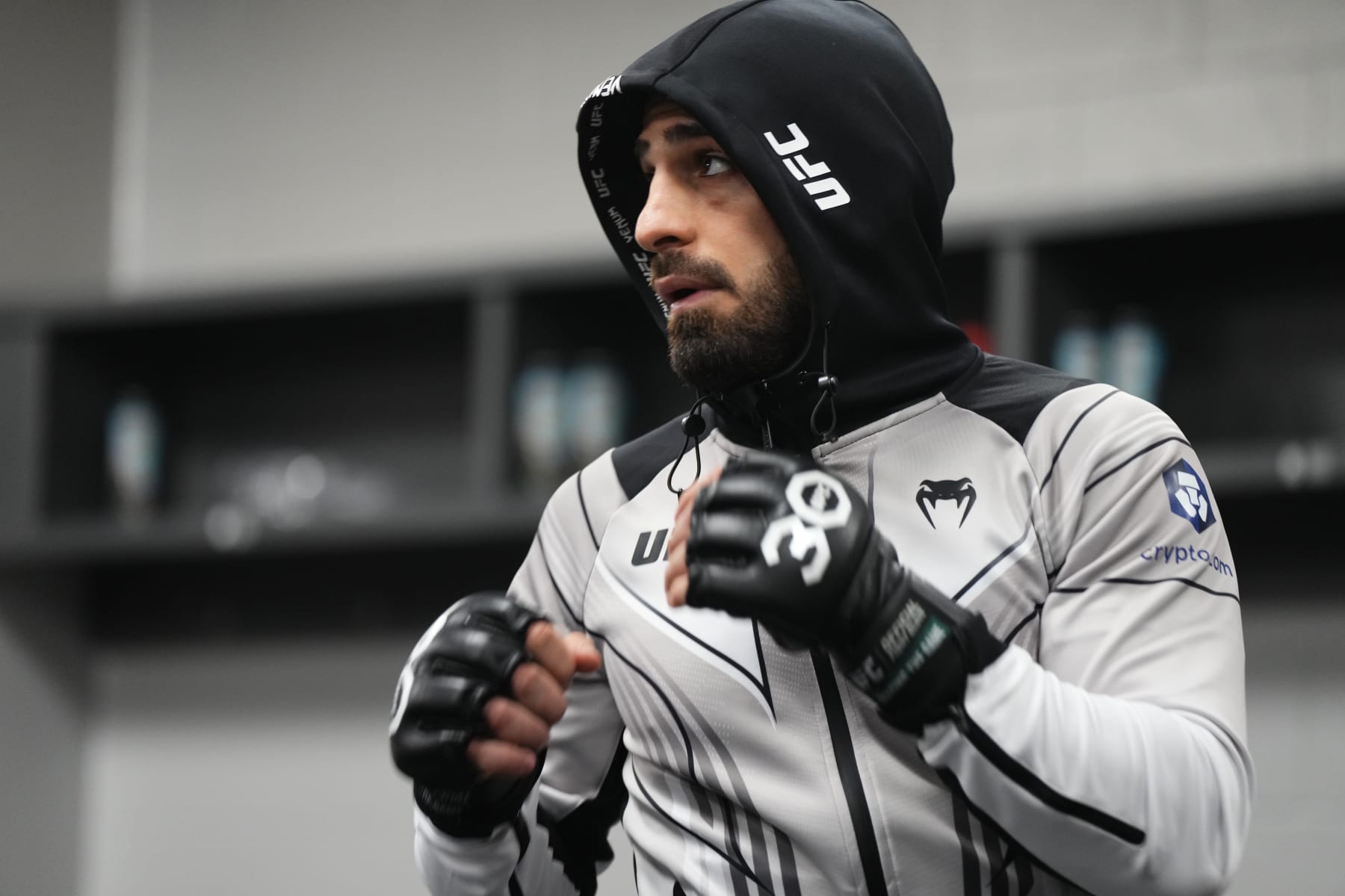JACKSONVILLE, FLORIDA - JUNE 24:  Ilia Topuria of Germany warms up backstage during the UFC Fight Night event at Vystar Veterans Memorial Arena on June 24, 2023 in Jacksonville, Florida. (Photo by Cooper Neill/Zuffa LLC)