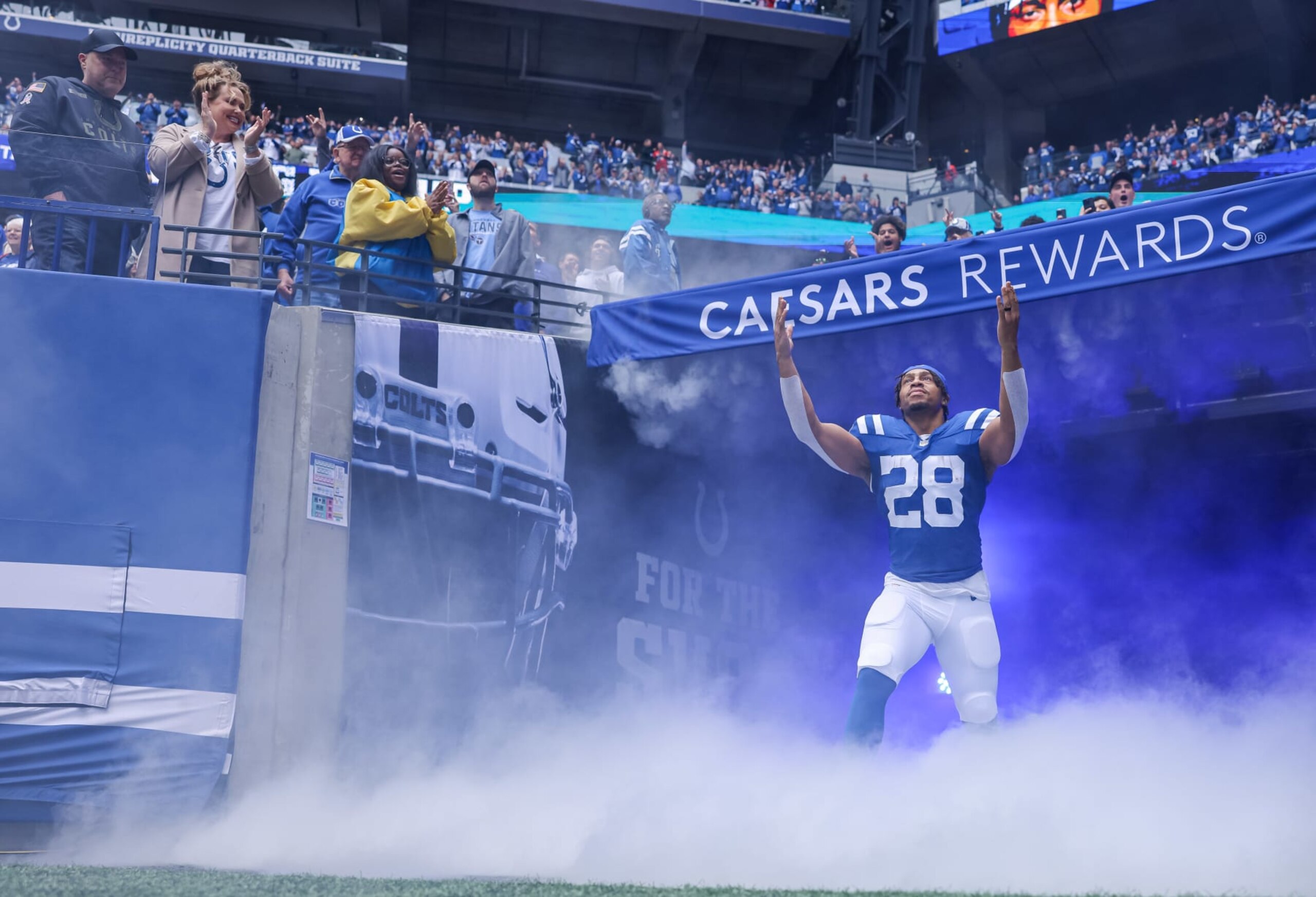 INDIANAPOLIS, INDIANA - OCTOBER 8: Jonathan Taylor #28 of the Indianapolis Colts is seen during player introductions before the game against the Tennessee Titans at Lucas Oil Stadium on October 8, 2023 in Indianapolis, Indiana. (Photo by Michael Hickey/Getty Images)
