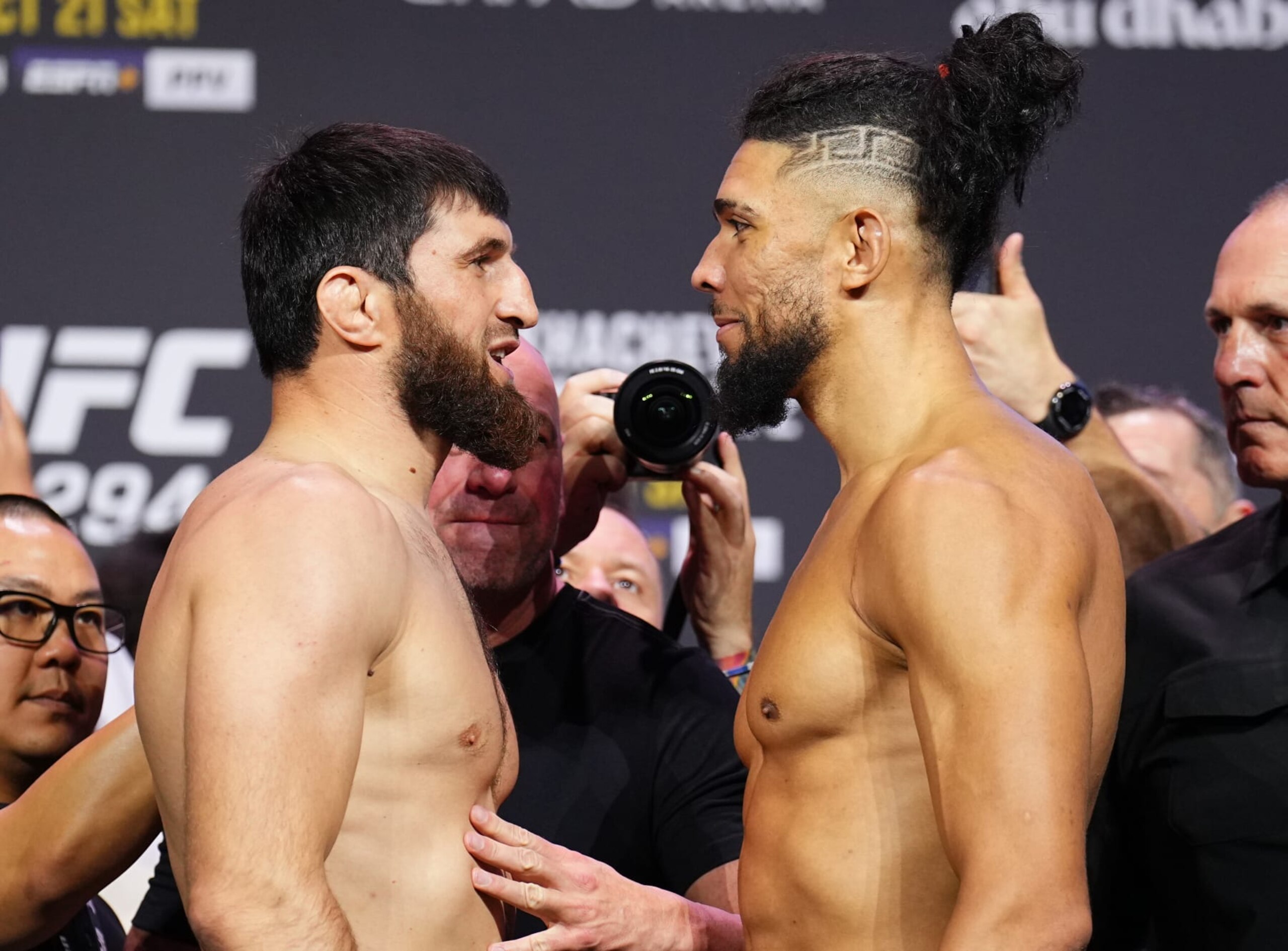 ABU DHABI, UNITED ARAB EMIRATES - OCTOBER 20: (L-R) Opponents Magomed Ankalaev of Russia and Johnny Walker of Brazil face off during the UFC 294 ceremonial weigh-in at Etihad Arena on October 20, 2023 in Abu Dhabi, United Arab Emirates. (Photo by Chris Unger/Zuffa LLC via Getty Images) ABU DHABI, UNITED ARAB EMIRATES - OCTOBER 20: (L-R) Opponents Magomed Ankalaev of Russia and Johnny Walker of Brazil face off during the UFC 294 ceremonial weigh-in at Etihad Arena on October 20, 2023 in Abu Dhabi, United Arab Emirates. (Photo by Chris Unger/Zuffa LLC via Getty Images)