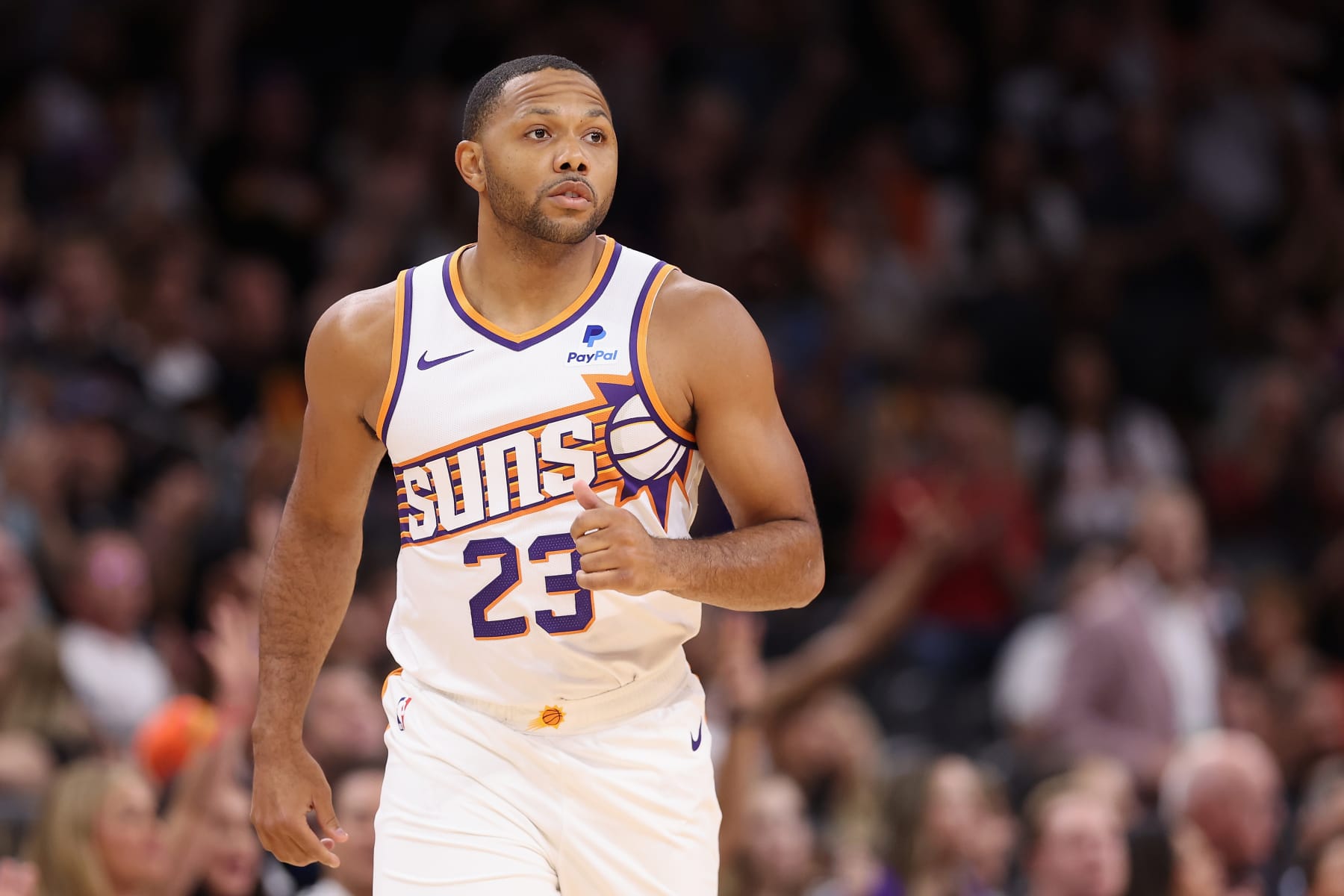 PHOENIX, ARIZONA - OCTOBER 10: Eric Gordon #23 of the Phoenix Suns reacts to a three-point shot against the Denver Nuggets during the NBA game at Footprint Center on October 10, 2023 in Phoenix, Arizona.  The Nuggets defeated the Suns 115-107. NOTE TO USER: User expressly acknowledges and agrees that, by downloading and or using this photograph, User is consenting to the terms and conditions of the Getty Images License Agreement.  (Photo by Christian Petersen/Getty Images)
