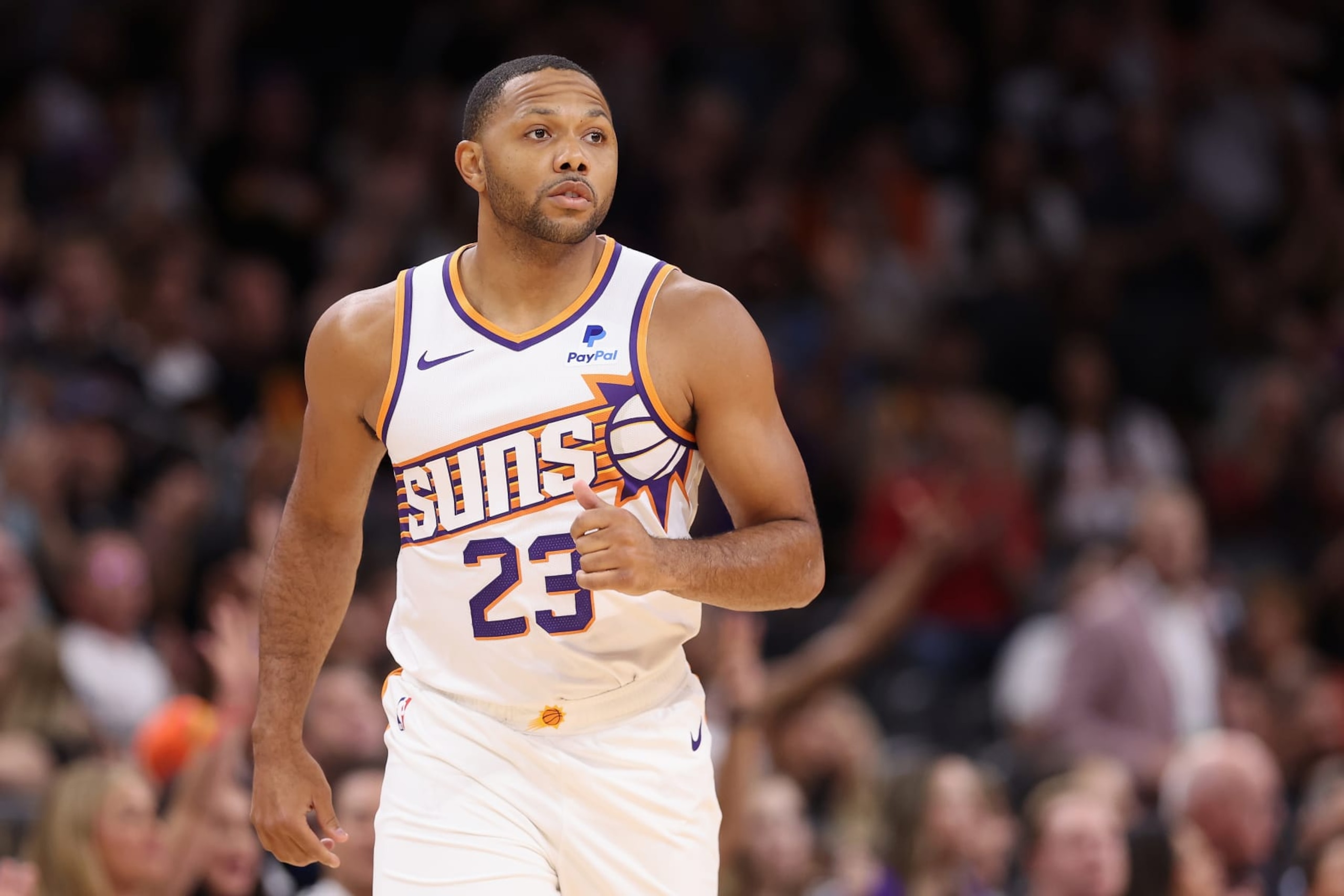 PHOENIX, ARIZONA - OCTOBER 10: Eric Gordon #23 of the Phoenix Suns reacts to a three-point shot against the Denver Nuggets during the NBA game at Footprint Center on October 10, 2023 in Phoenix, Arizona.  The Nuggets defeated the Suns 115-107. NOTE TO USER: User expressly acknowledges and agrees that, by downloading and or using this photograph, User is consenting to the terms and conditions of the Getty Images License Agreement.  (Photo by Christian Petersen/Getty Images)