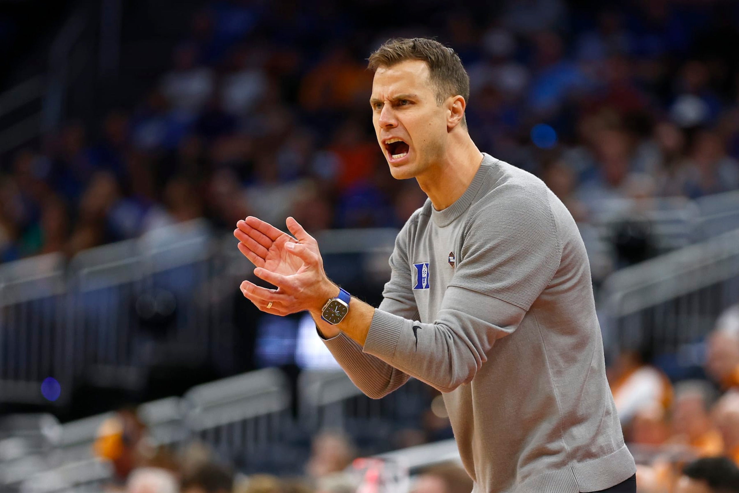 ORLANDO, FLORIDA - MARCH 16: Head coach Jon Scheyer of the Duke Blue Devils reacts on the sideline during the first half in the first round of the NCAA Men's Basketball Tournament against the Oral Roberts Golden Eagles at Amway Center on March 16, 2023 in Orlando, Florida. (Photo by Kevin Sabitus/Getty Images)