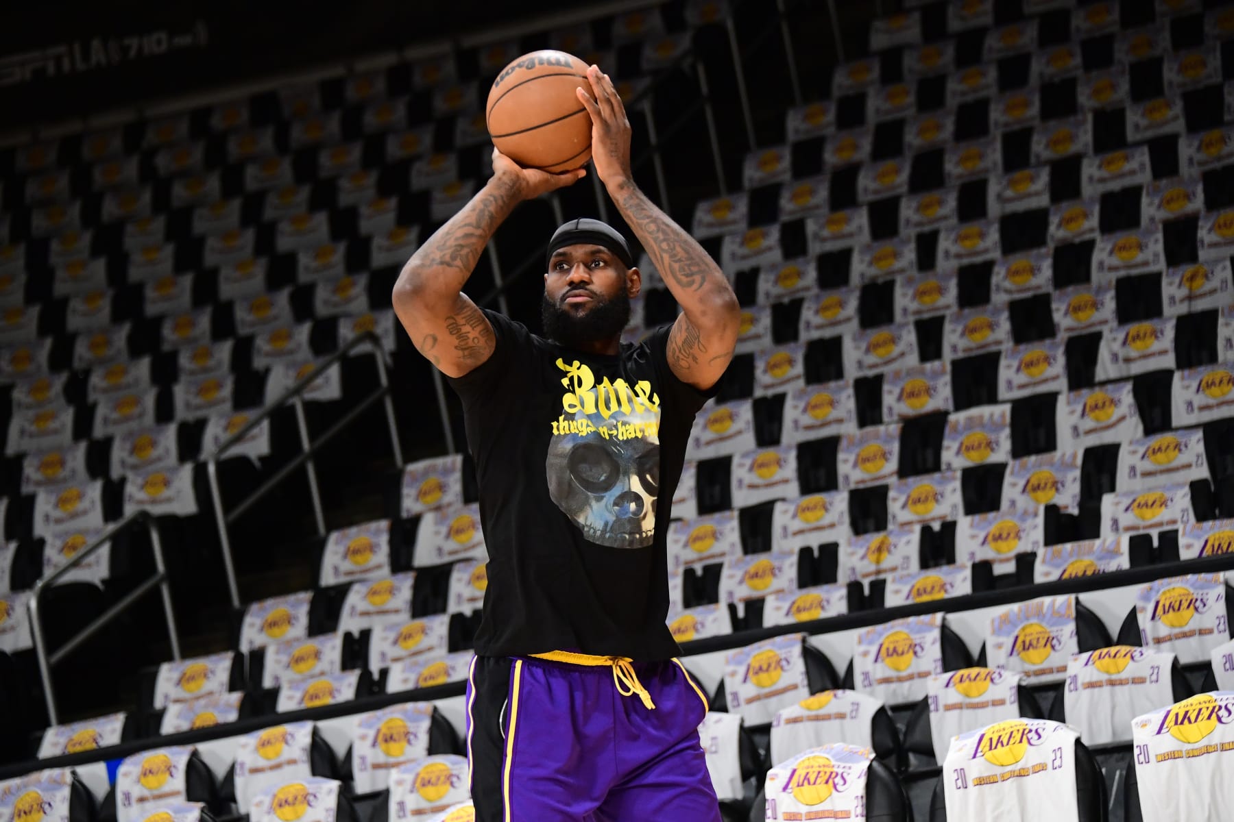 LOS ANGELES, CA - MAY 20: LeBron James #6 of the Los Angeles Lakers warms up before Game Three of the Western Conference Finals against the Denver Nuggets on May 20, 2023 at Crypto.Com Arena in Los Angeles, California. NOTE TO USER: User expressly acknowledges and agrees that, by downloading and/or using this Photograph, user is consenting to the terms and conditions of the Getty Images License Agreement. Mandatory Copyright Notice: Copyright 2023 NBAE (Photo by Adam Pantozzi/NBAE via Getty Images)