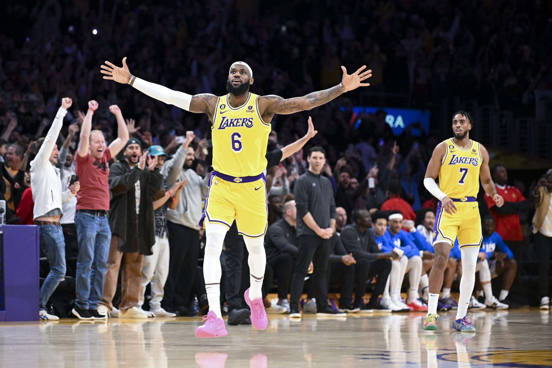 LOS ANGELES, CA - APRIL 29: LeBron James celebrates after a shot to become the all-time NBA scoring leader, passing Kareem Abdul-Jabbar at 38388 points during the third quarter against the Oklahoma City Thunder at Crypto.com Arena on Tuesday, Feb. 7, 2023 in Los Angeles, CA. *Wally Skalij / Los Angeles Times via Getty Images)