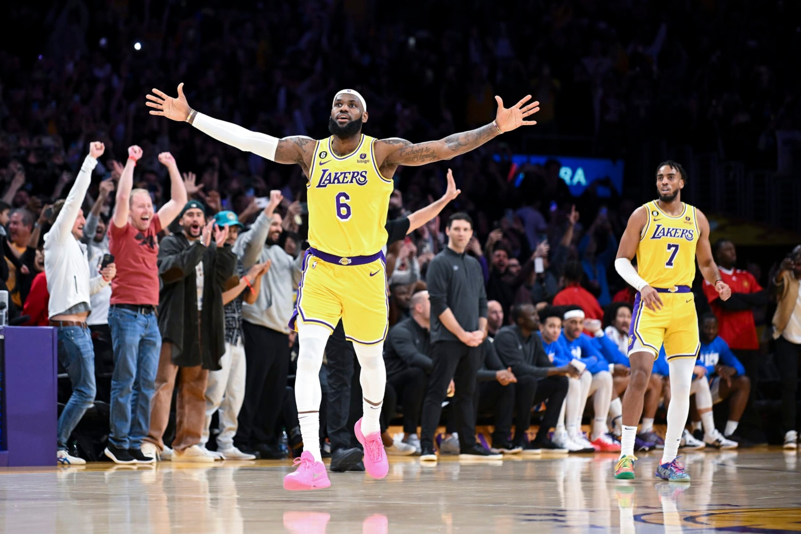 LOS ANGELES, CA - APRIL 29: LeBron James celebrates after a shot to become the all-time NBA scoring leader, passing Kareem Abdul-Jabbar at 38388 points during the third quarter against the Oklahoma City Thunder at Crypto.com Arena on Tuesday, Feb. 7, 2023 in Los Angeles, CA. *Wally Skalij / Los Angeles Times via Getty Images)