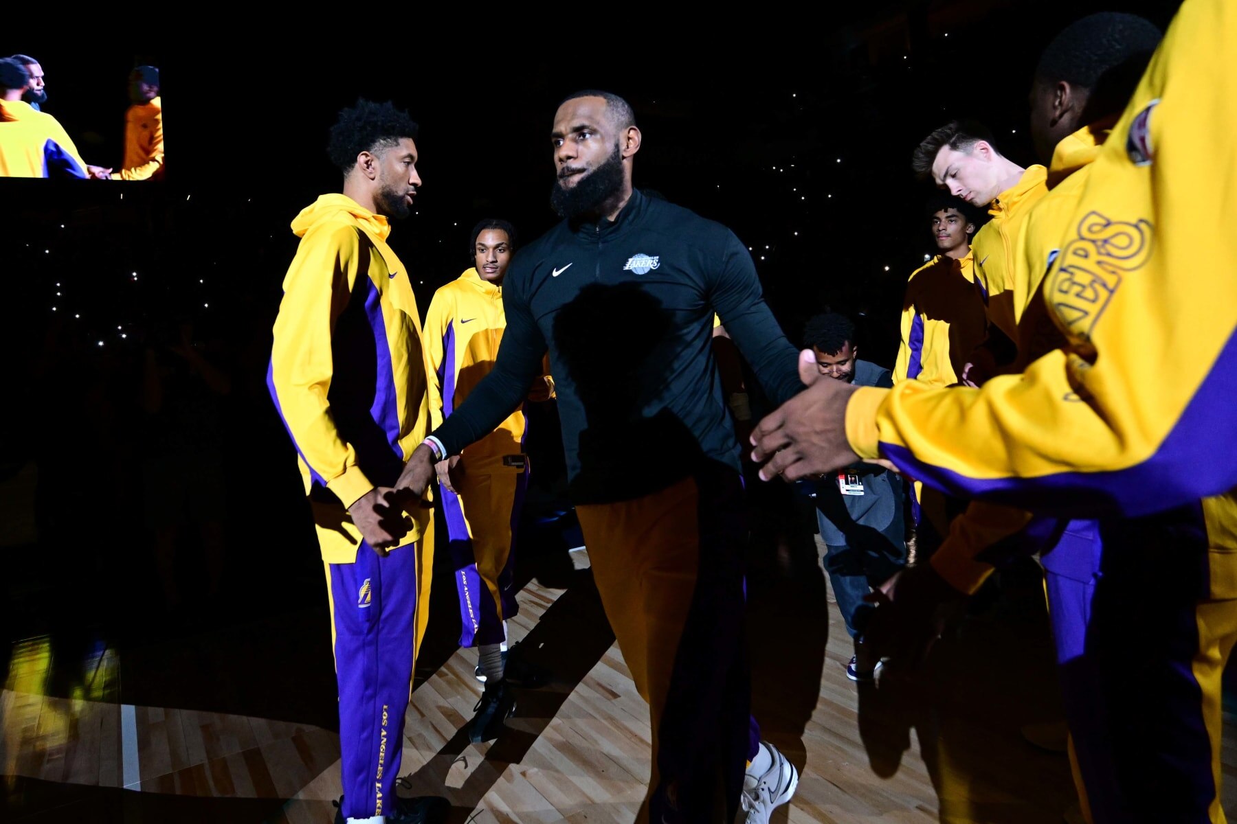 PALM SPRINGS, CA - OCTOBER 19: LeBron James #23 of the Los Angeles Lakers is introduced before the game against the Phoenix Suns on October 19, 2023 at the Acrisure Arena in Palm Springs, California. NOTE TO USER: User expressly acknowledges and agrees that, by downloading and/or using this Photograph, user is consenting to the terms and conditions of the Getty Images License Agreement. Mandatory Copyright Notice: Copyright 2023 NBAE (Photo by Adam Pantozzi/NBAE via Getty Images)