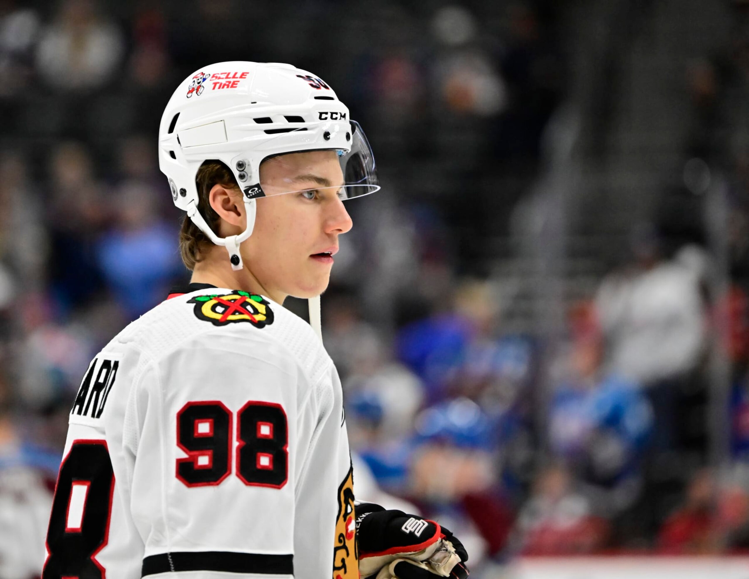 DENVER, CO - OCTOBER 19: Chicago Blackhawks center Connor Bedard (98) takes the ice for skate around before the game against the Chicago Blackhawks at Ball Arena October 19, 2023. (Photo by Andy Cross/The Denver Post) DENVER, CO - OCTOBER 19: Chicago Blackhawks center Connor Bedard (98) takes the ice for skate around before the game against the Chicago Blackhawks at Ball Arena October 19, 2023. (Photo by Andy Cross/The Denver Post)