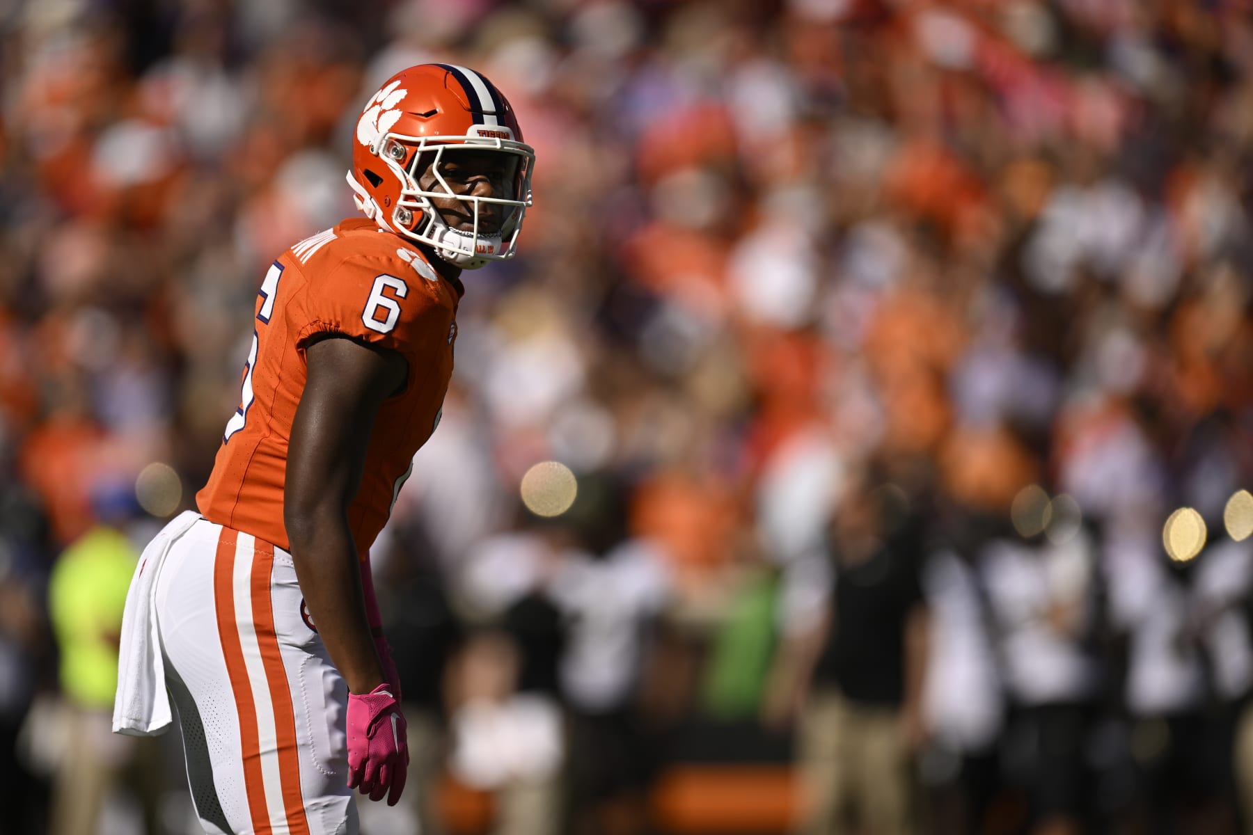 CLEMSON, SOUTH CAROLINA - OCTOBER 07: Tyler Brown #6 of the Clemson Tigers stands on the field against the Wake Forest Demon Deacons in the first quarter at Memorial Stadium on October 07, 2023 in Clemson, South Carolina. (Photo by Eakin Howard/Getty Images)