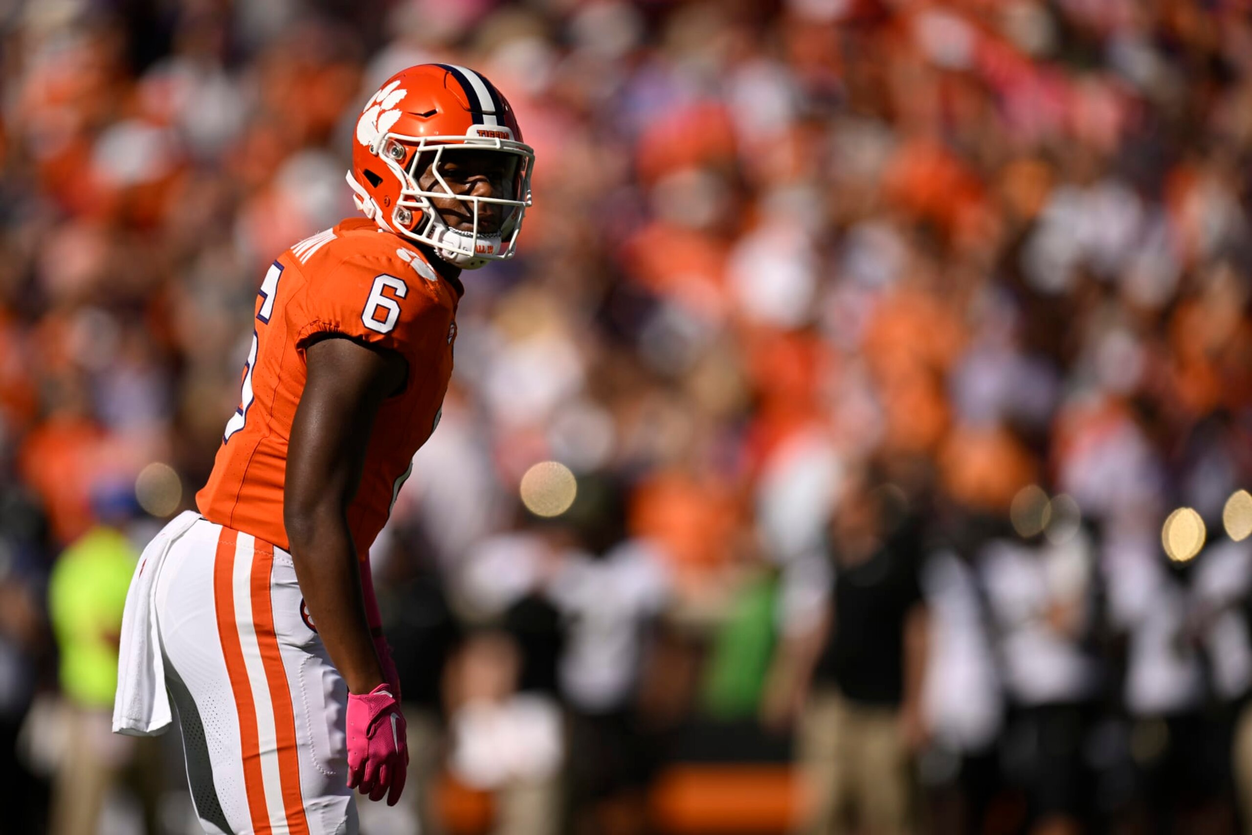 CLEMSON, SOUTH CAROLINA - OCTOBER 07: Tyler Brown #6 of the Clemson Tigers stands on the field against the Wake Forest Demon Deacons in the first quarter at Memorial Stadium on October 07, 2023 in Clemson, South Carolina. (Photo by Eakin Howard/Getty Images)