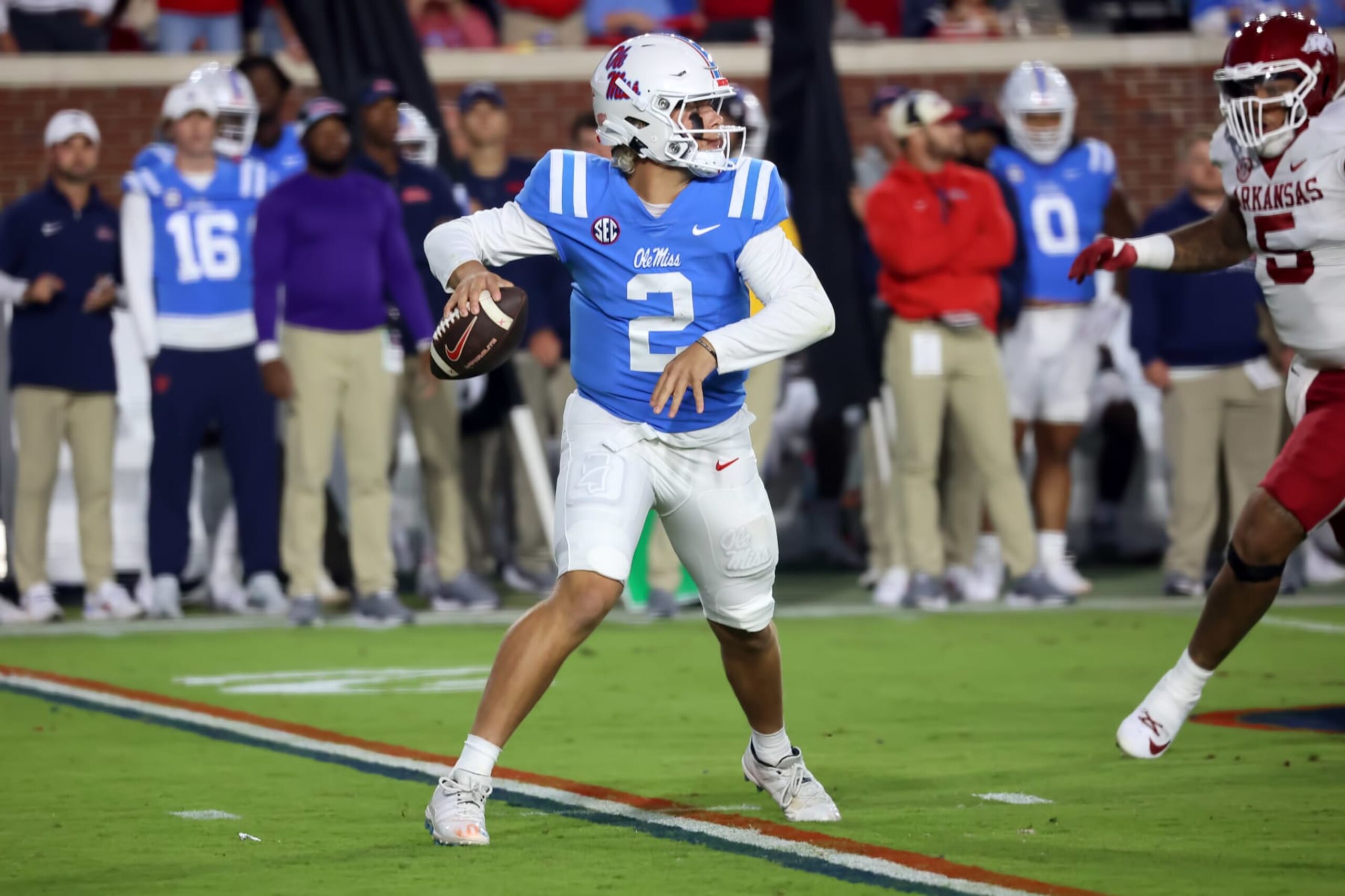 OXFORD, MS - OCTOBER 07:  Ole Miss Rebels quarterback Jaxson Dart (2) during the game between the Ole Miss Rebels and the Arkansas Razorbacks on October 7, 2023 at Vaught-Hemingway Stadium in Oxford, Mississippi.  (Photo by Michael Wade/Icon Sportswire via Getty Images)