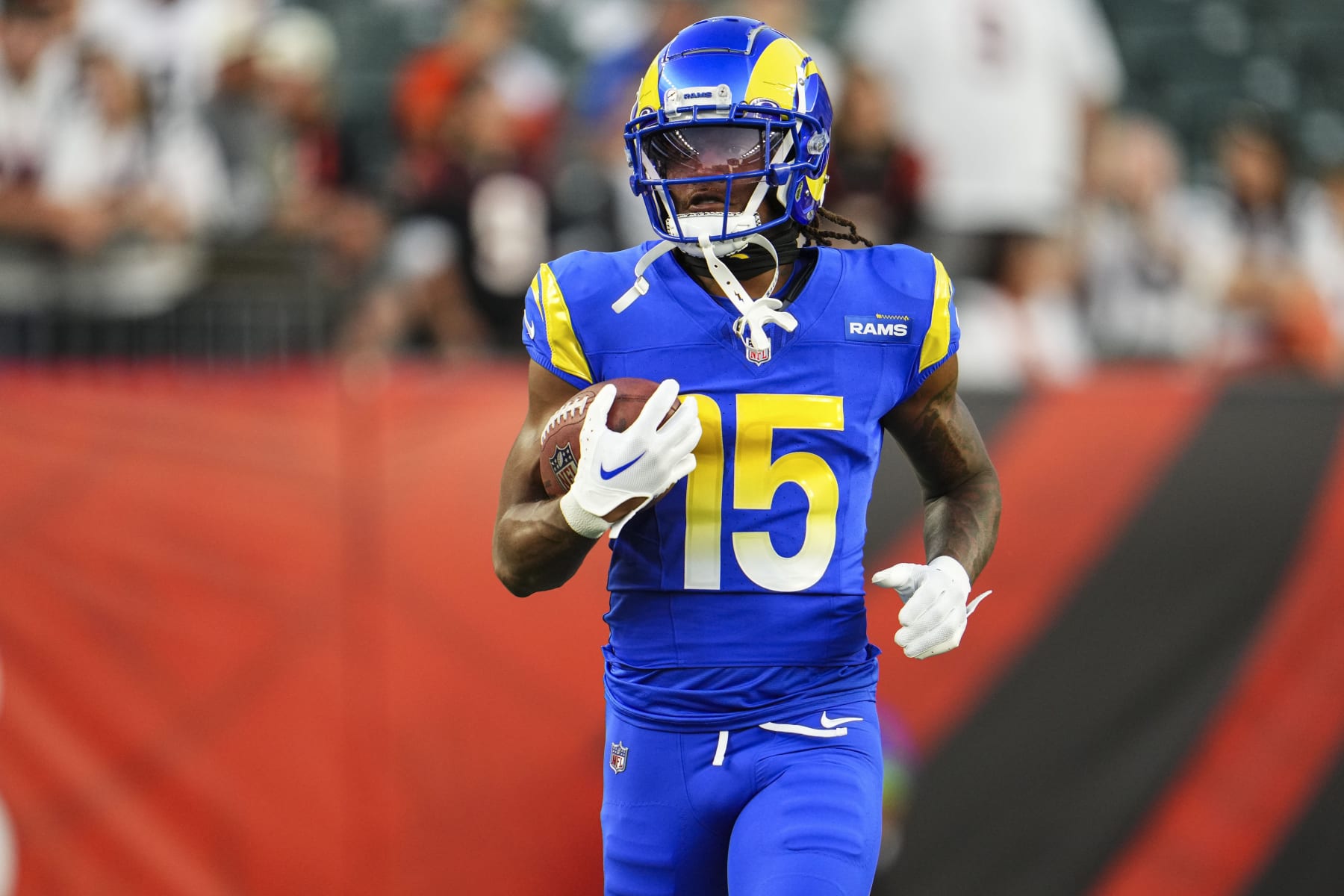 CINCINNATI, OH - SEPTEMBER 25: Demarcus Robinson #15 of the Los Angeles Rams warms up prior to at Paycor Stadium on September 25, 2023 in Cincinnati, Ohio. (Photo by Cooper Neill/Getty Images)