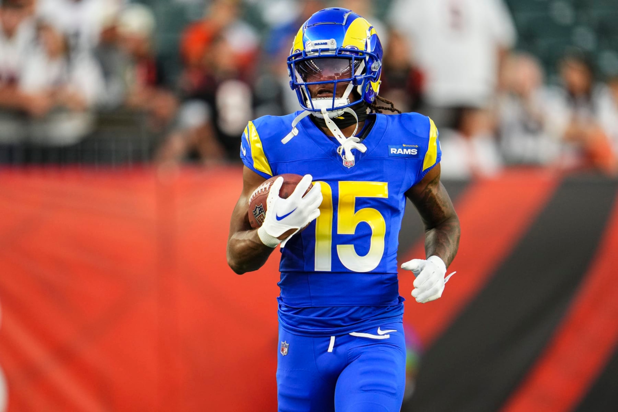 CINCINNATI, OH - SEPTEMBER 25: Demarcus Robinson #15 of the Los Angeles Rams warms up prior to at Paycor Stadium on September 25, 2023 in Cincinnati, Ohio. (Photo by Cooper Neill/Getty Images)
