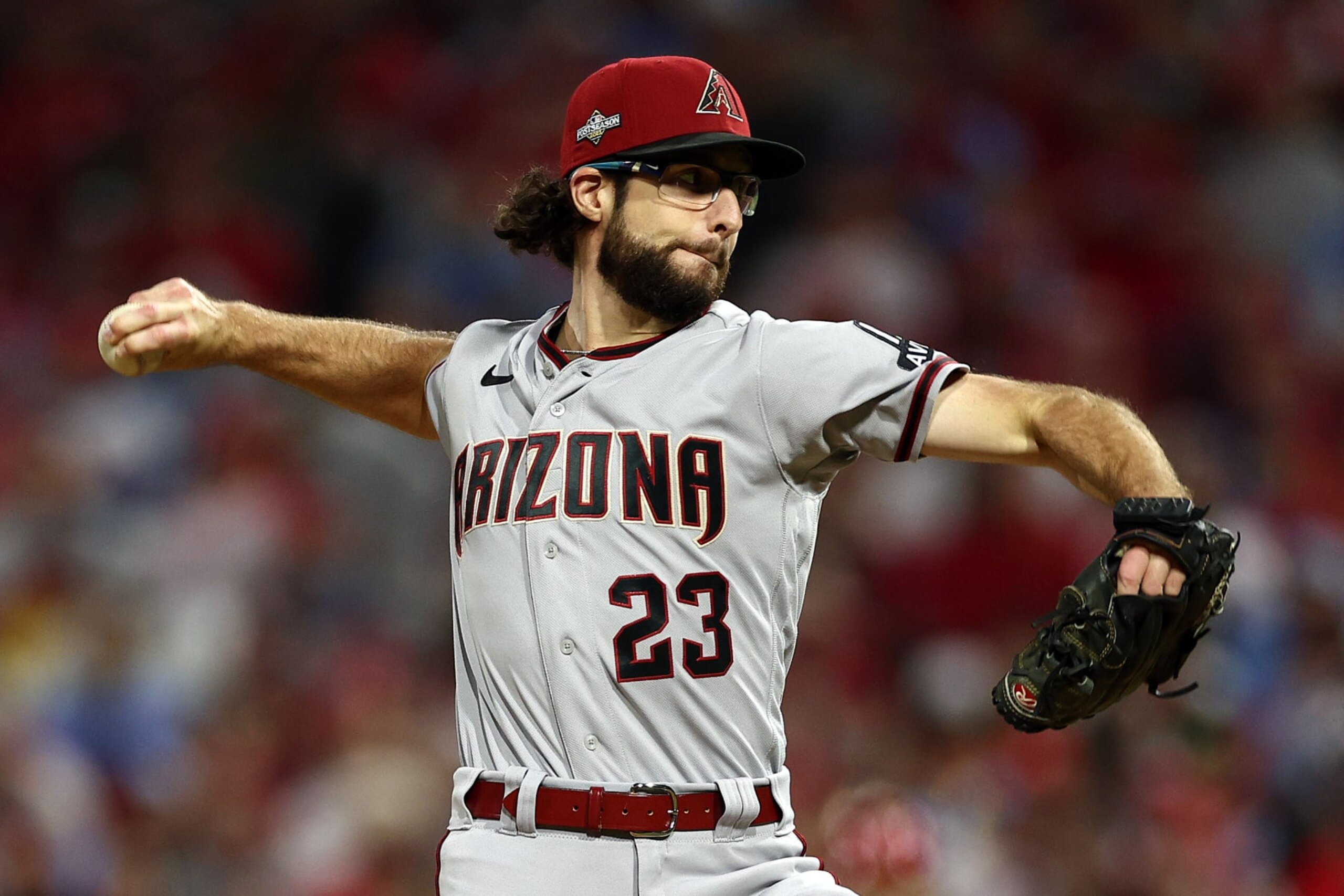 PHILADELPHIA, PENNSYLVANIA - OCTOBER 16: Zac Gallen #23 of the Arizona Diamondbacks pitches in the first inning against the Philadelphia Phillies during Game One of the Championship Series at Citizens Bank Park on October 16, 2023 in Philadelphia, Pennsylvania. (Photo by Elsa/Getty Images)