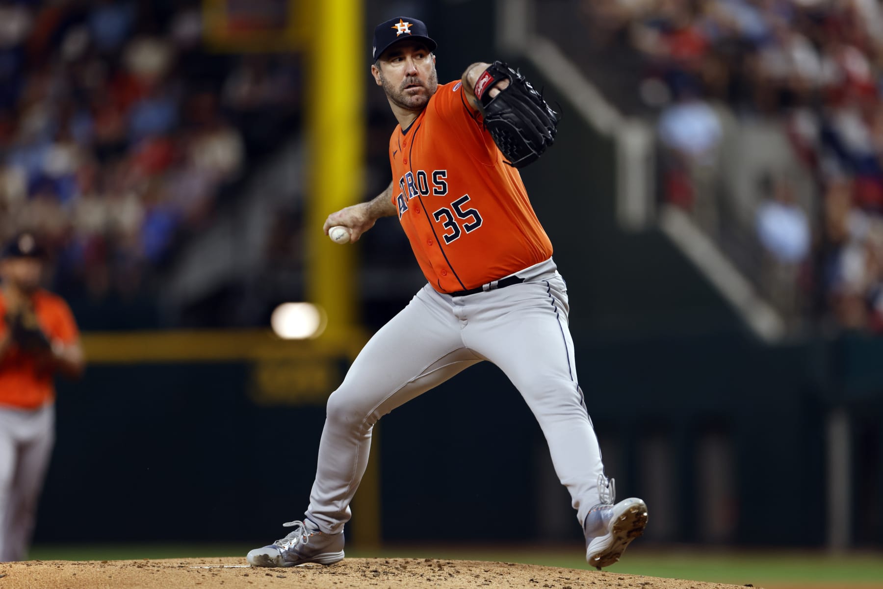 ARLINGTON, TX - OCTOBER 20: Justin Verlander #35 of the Houston Astros pitches in the third inning during Game 5 of the ALCS between the Houston Astros and the Texas Rangers at Globe Life Field on Friday, October 20, 2023 in Arlington, Texas. (Photo by Ron Jenkins/MLB Photos via Getty Images)