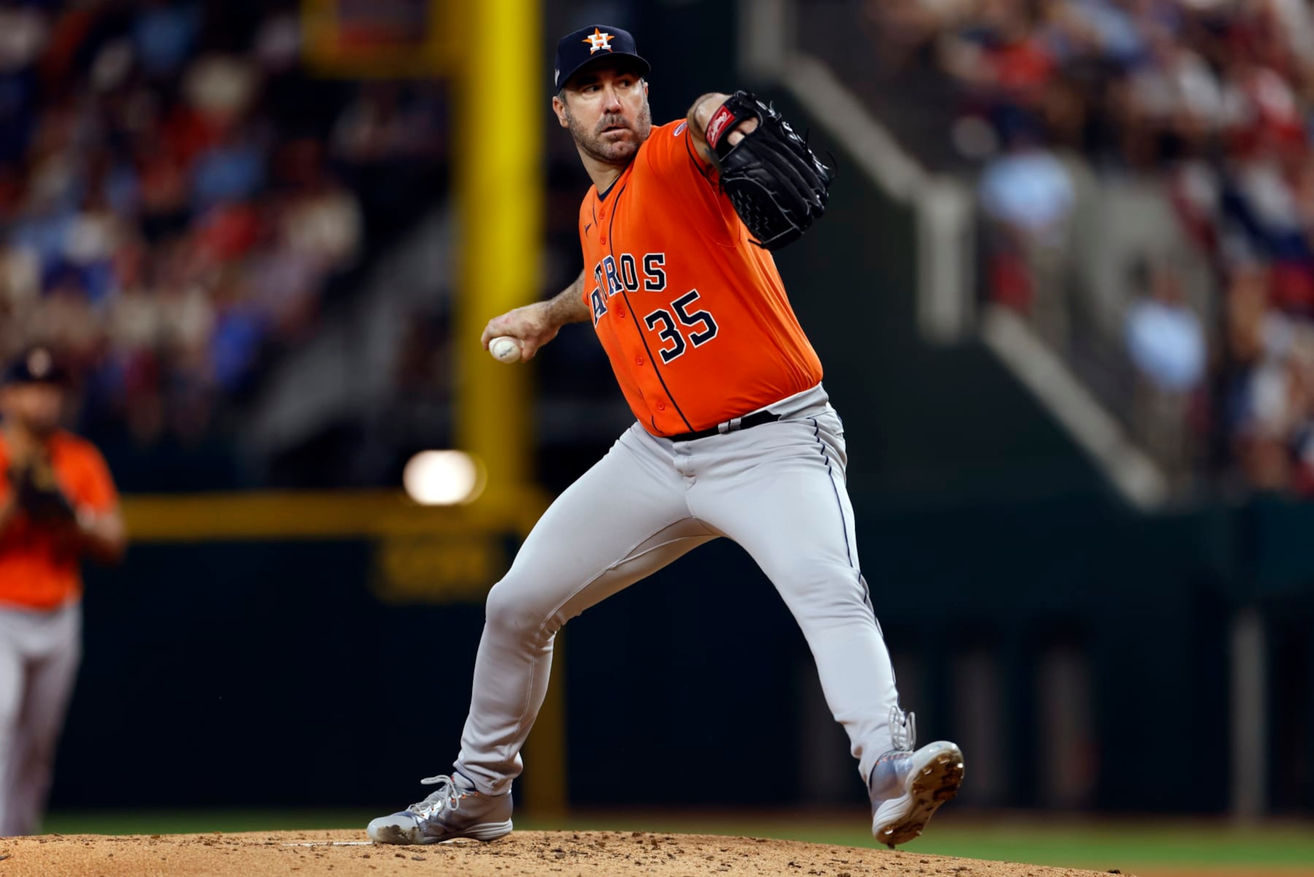 ARLINGTON, TX - OCTOBER 20: Justin Verlander #35 of the Houston Astros pitches in the third inning during Game 5 of the ALCS between the Houston Astros and the Texas Rangers at Globe Life Field on Friday, October 20, 2023 in Arlington, Texas. (Photo by Ron Jenkins/MLB Photos via Getty Images) ARLINGTON, TX - OCTOBER 20: Justin Verlander #35 of the Houston Astros pitches in the third inning during Game 5 of the ALCS between the Houston Astros and the Texas Rangers at Globe Life Field on Friday, October 20, 2023 in Arlington, Texas. (Photo by Ron Jenkins/MLB Photos via Getty Images)
