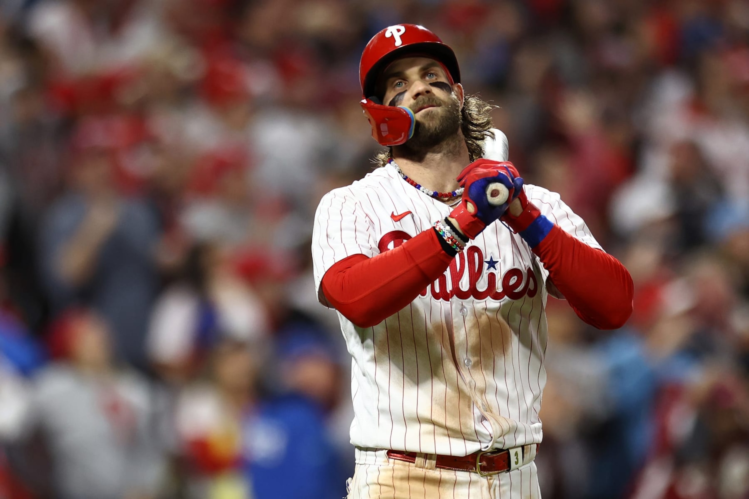 PHILADELPHIA, PENNSYLVANIA - OCTOBER 17: Bryce Harper #3 of the Philadelphia Phillies reacts after a long fly ball out in the third inning against the Arizona Diamondbacks during Game Two of the Championship Series at Citizens Bank Park on October 17, 2023 in Philadelphia, Pennsylvania. (Photo by Tim Nwachukwu/Getty Images) PHILADELPHIA, PENNSYLVANIA - OCTOBER 17: Bryce Harper #3 of the Philadelphia Phillies reacts after a long fly ball out in the third inning against the Arizona Diamondbacks during Game Two of the Championship Series at Citizens Bank Park on October 17, 2023 in Philadelphia, Pennsylvania. (Photo by Tim Nwachukwu/Getty Images)