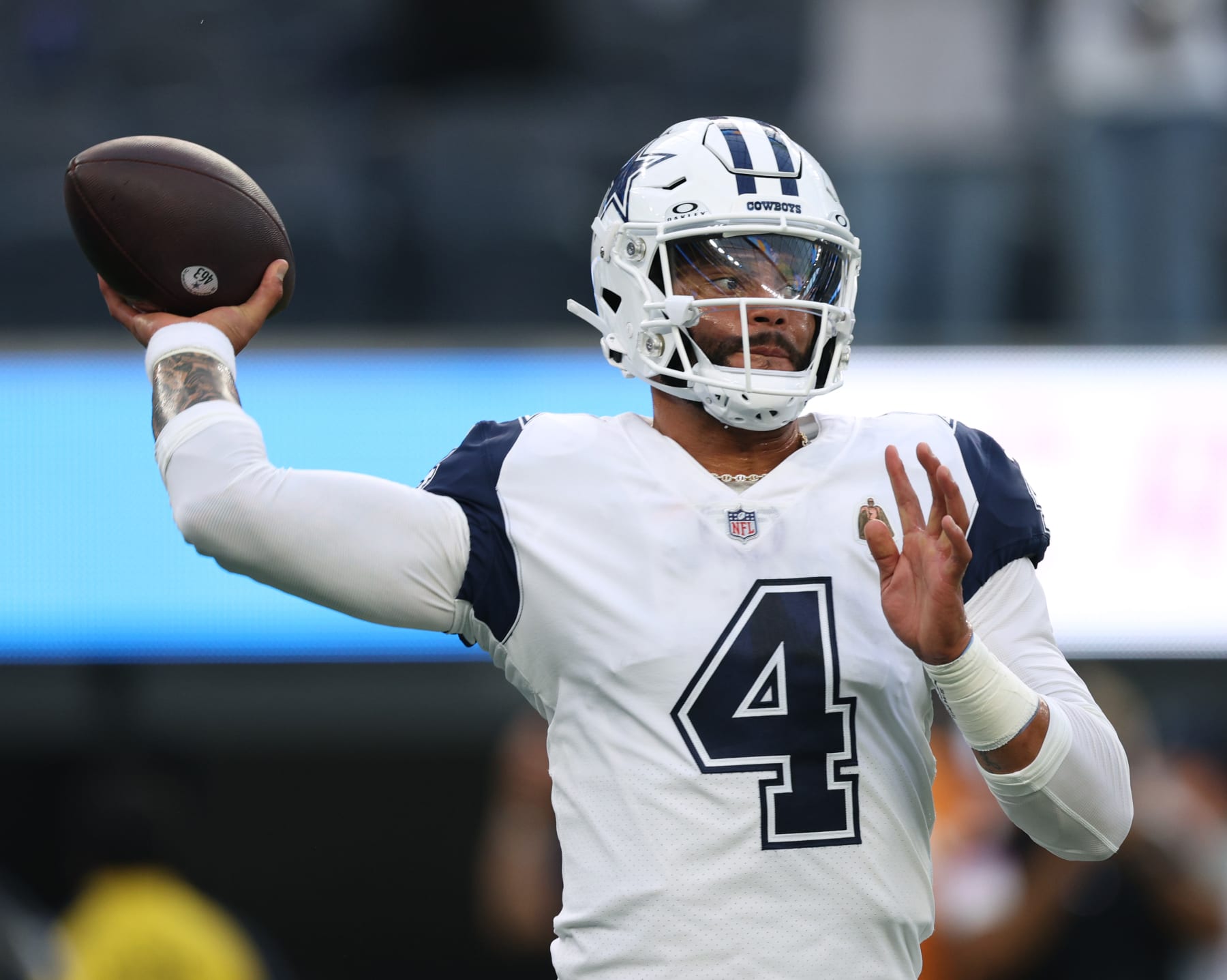 INGLEWOOD, CALIFORNIA - OCTOBER 16: Dak Prescott #4 of the Dallas Cowboys during warm up before the game against the Los Angeles Chargers at SoFi Stadium on October 16, 2023 in Inglewood, California. (Photo by Harry How/Getty Images)
