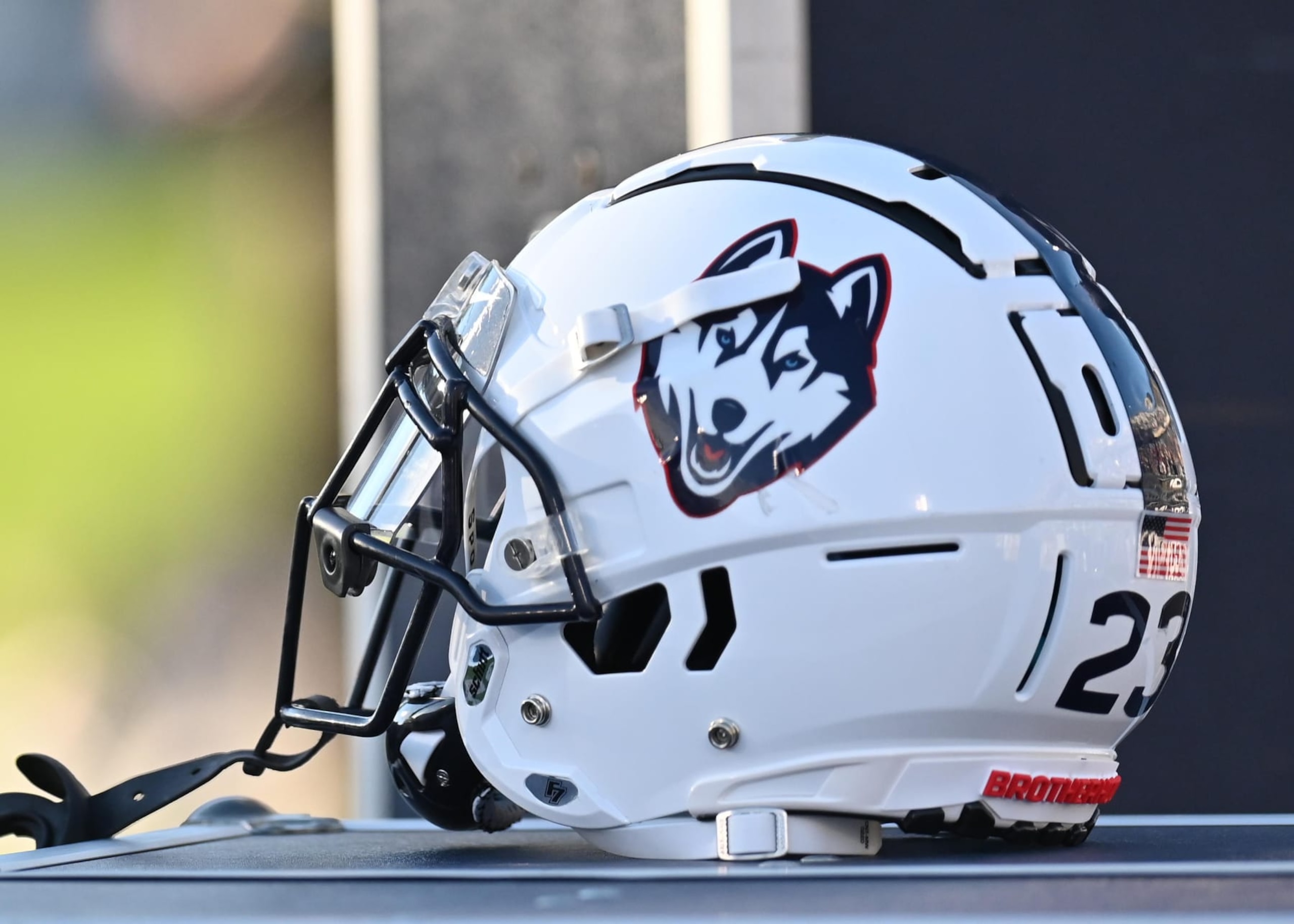 EAST HARTFORD, CT - NOVEMBER 12: UConn Huskies helmet during the game as the Liberty Flames take on the UConn Huskies on November 12, 2022, at the Rentschler Field in East Hartford, Connecticut. (Photo by Williams Paul/Icon Sportswire via Getty Images)