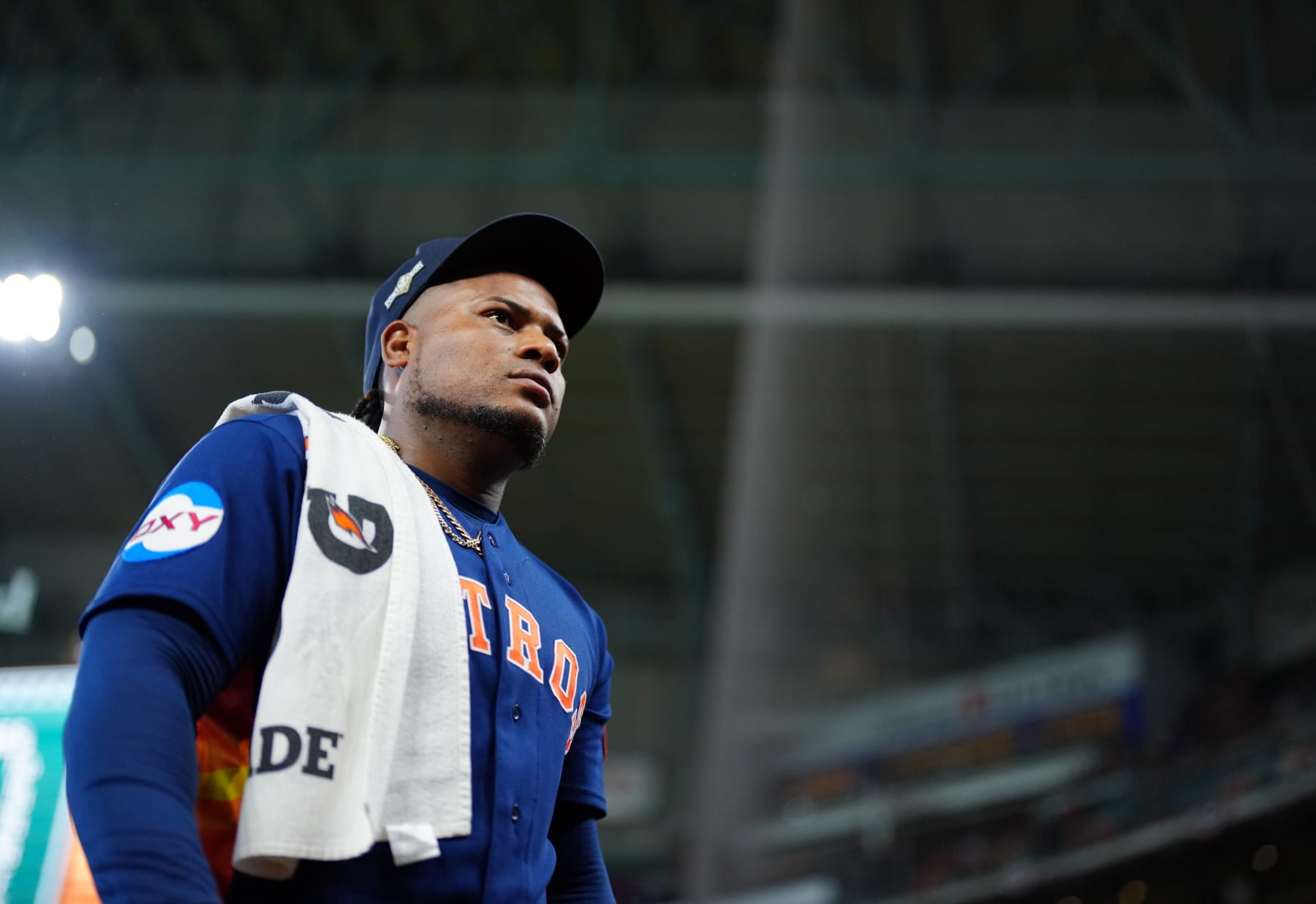 HOUSTON, TX - OCTOBER 16: Framber Valdez #59 of the Houston Astros is seen on field before Game 2 of the ALCS between the Texas Rangers and the Houston Astros at Minute Maid Park on Monday, October 16, 2023 in Houston, Texas. (Photo by Daniel Shirey/MLB Photos via Getty Images)