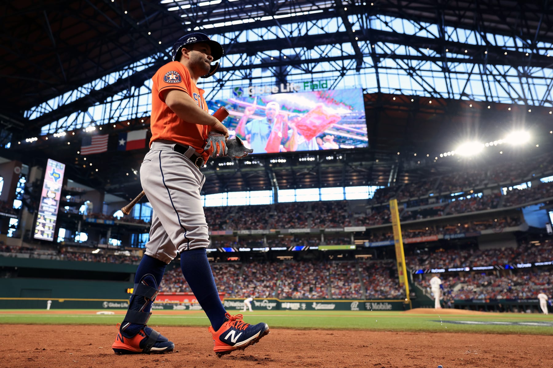 ARLINGTON, TEXAS - OCTOBER 20: Jose Altuve #27 of the Houston Astros reacts against the Texas Rangers during the third inning in Game Five of the American League Championship Series at Globe Life Field on October 20, 2023 in Arlington, Texas. (Photo by Carmen Mandato/Getty Images)