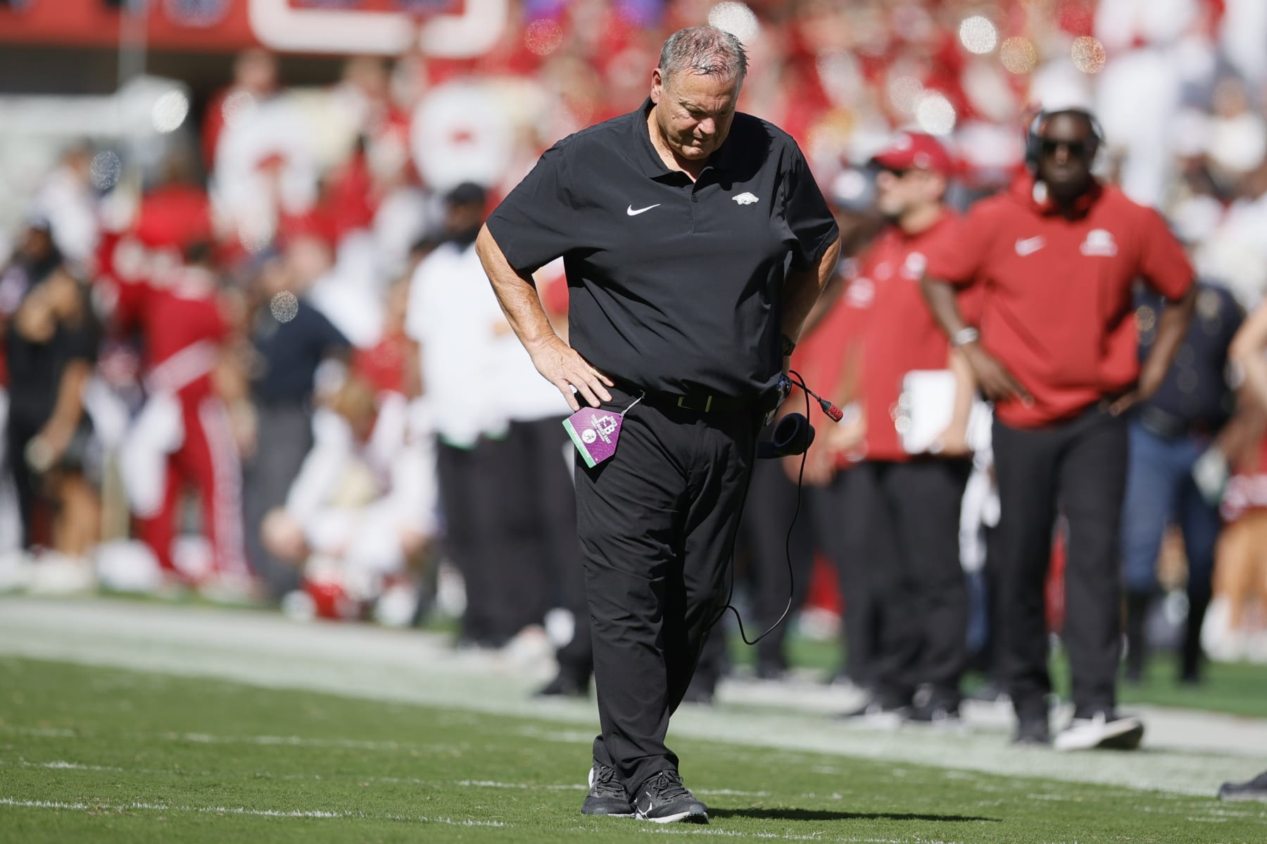 TUSCALOOSA, ALABAMA - OCTOBER 14: Head coach Sam Pittman of the Arkansas Razorbacks looks on late in the fourth quarter against the Alabama Crimson Tide at Bryant-Denny Stadium on October 14, 2023 in Tuscaloosa, Alabama. (Photo by Alex Slitz/Getty Images)