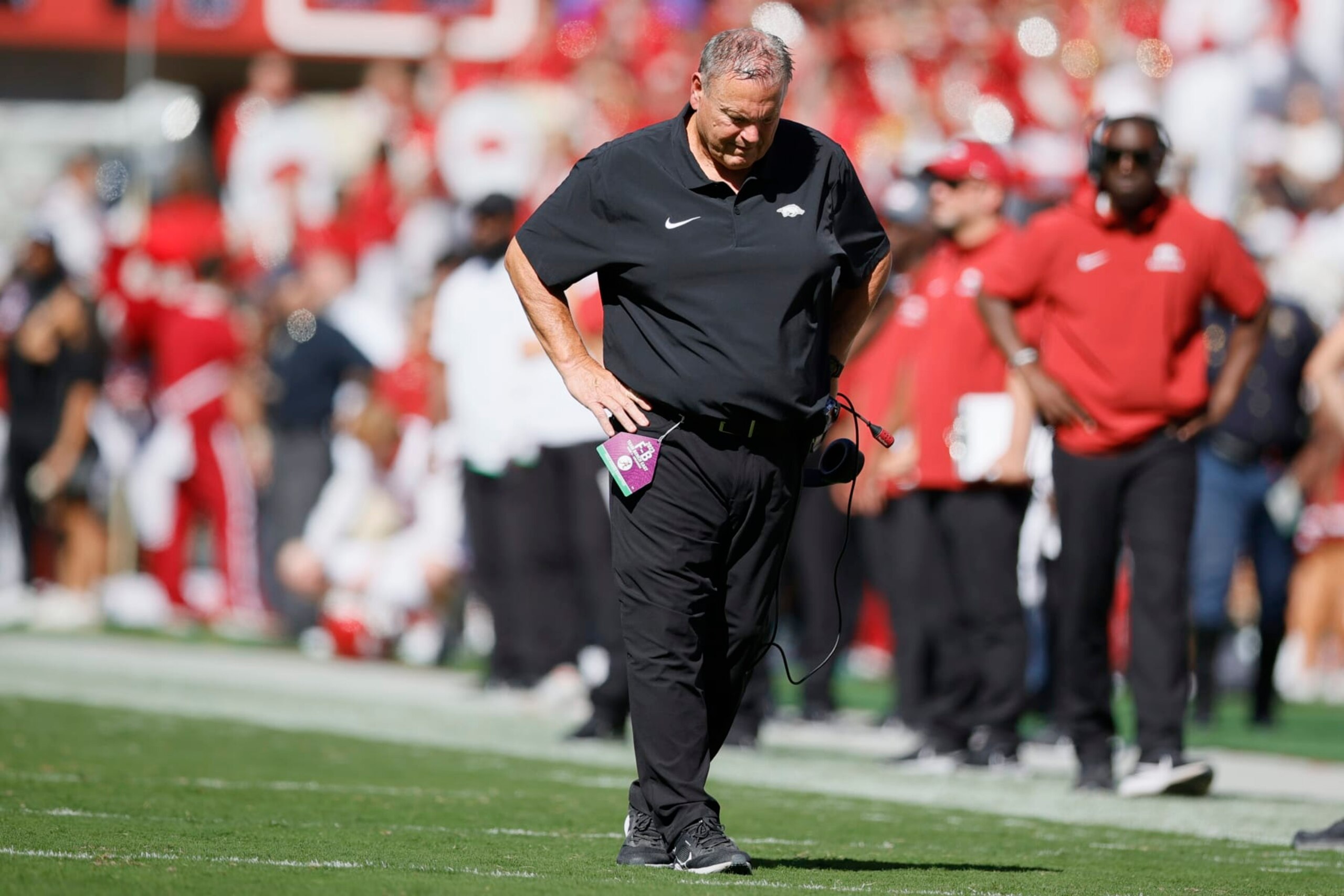 TUSCALOOSA, ALABAMA - OCTOBER 14: Head coach Sam Pittman of the Arkansas Razorbacks looks on late in the fourth quarter against the Alabama Crimson Tide at Bryant-Denny Stadium on October 14, 2023 in Tuscaloosa, Alabama. (Photo by Alex Slitz/Getty Images)