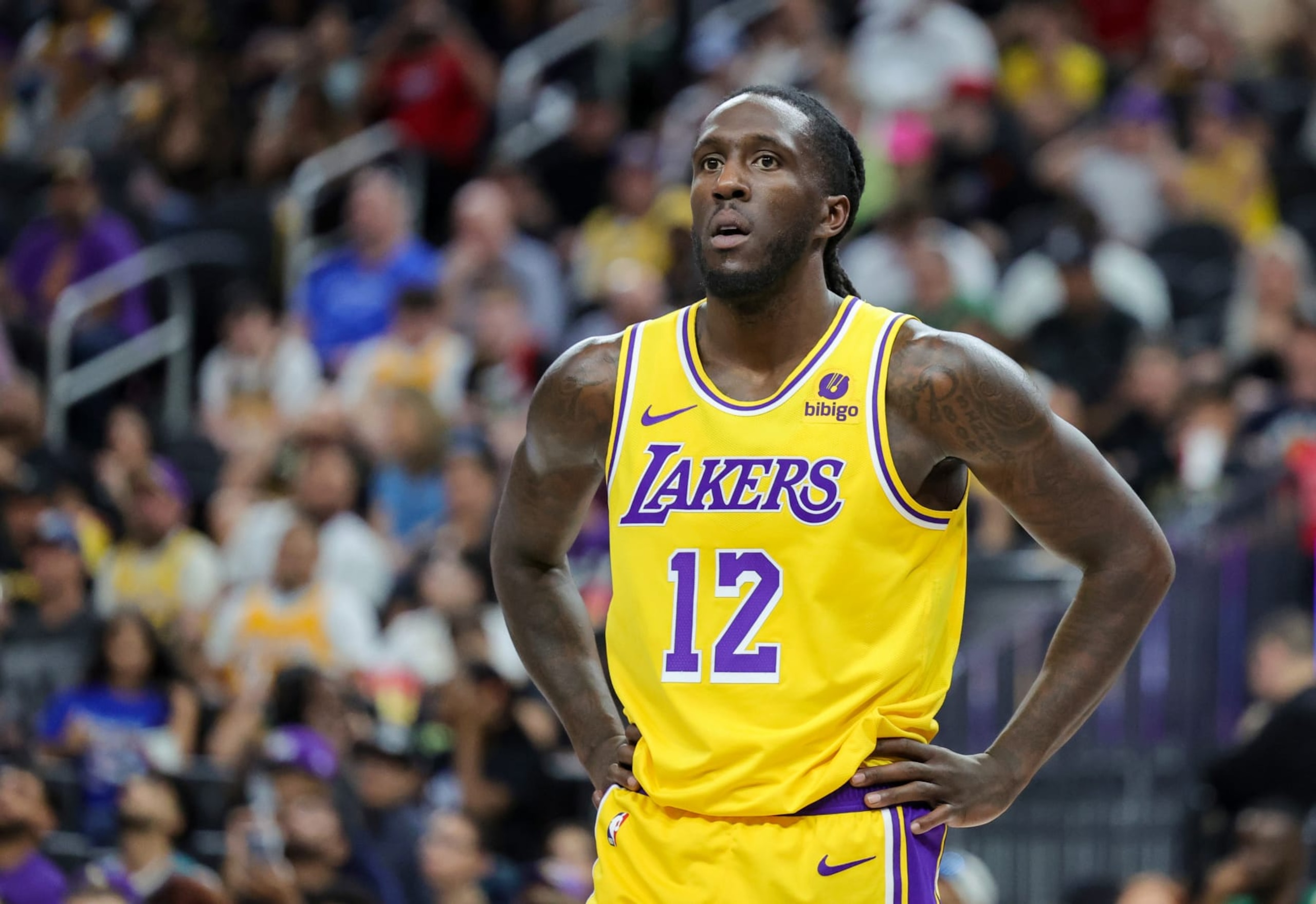 LAS VEGAS, NEVADA - OCTOBER 09: Taurean Prince #12 of the Los Angeles Lakers stands on the court during a break in the first quarter of a preseason game against the Brooklyn Nets at T-Mobile Arena on October 09, 2023 in Las Vegas, Nevada. The Lakers defeated the Nets 129-126. NOTE TO USER: User expressly acknowledges and agrees that, by downloading and or using this photograph, User is consenting to the terms and conditions of the Getty Images License Agreement. (Photo by Ethan Miller/Getty Images)