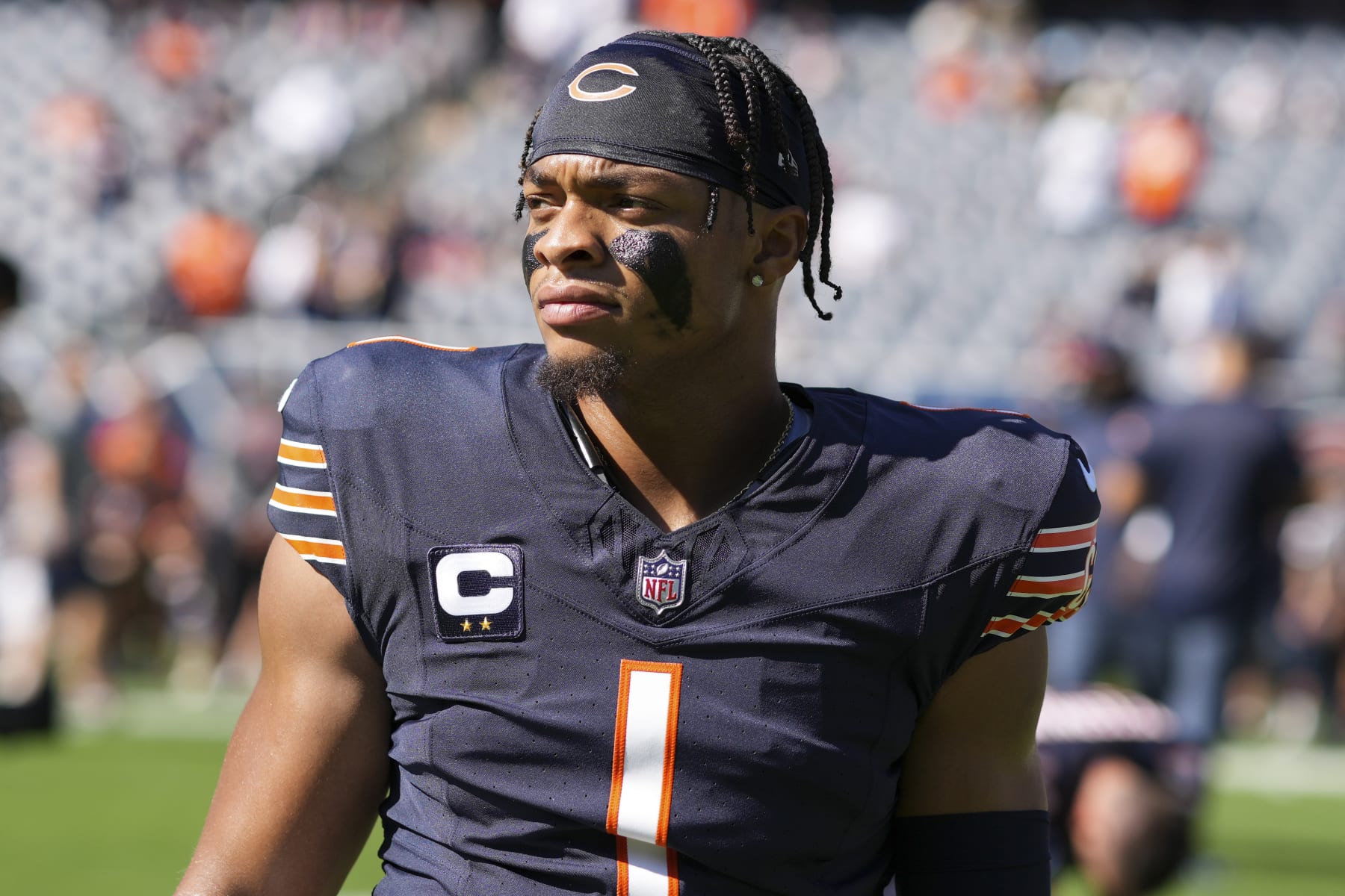 CHICAGO, IL - OCTOBER 1: Justin Fields of the Chicago Bears #1 warms up prior to an NFL football game against the Denver Broncos at Soldier Field on October 1, 2023 in Chicago, Illinois. (Photo by Todd Rosenberg/Getty Images)