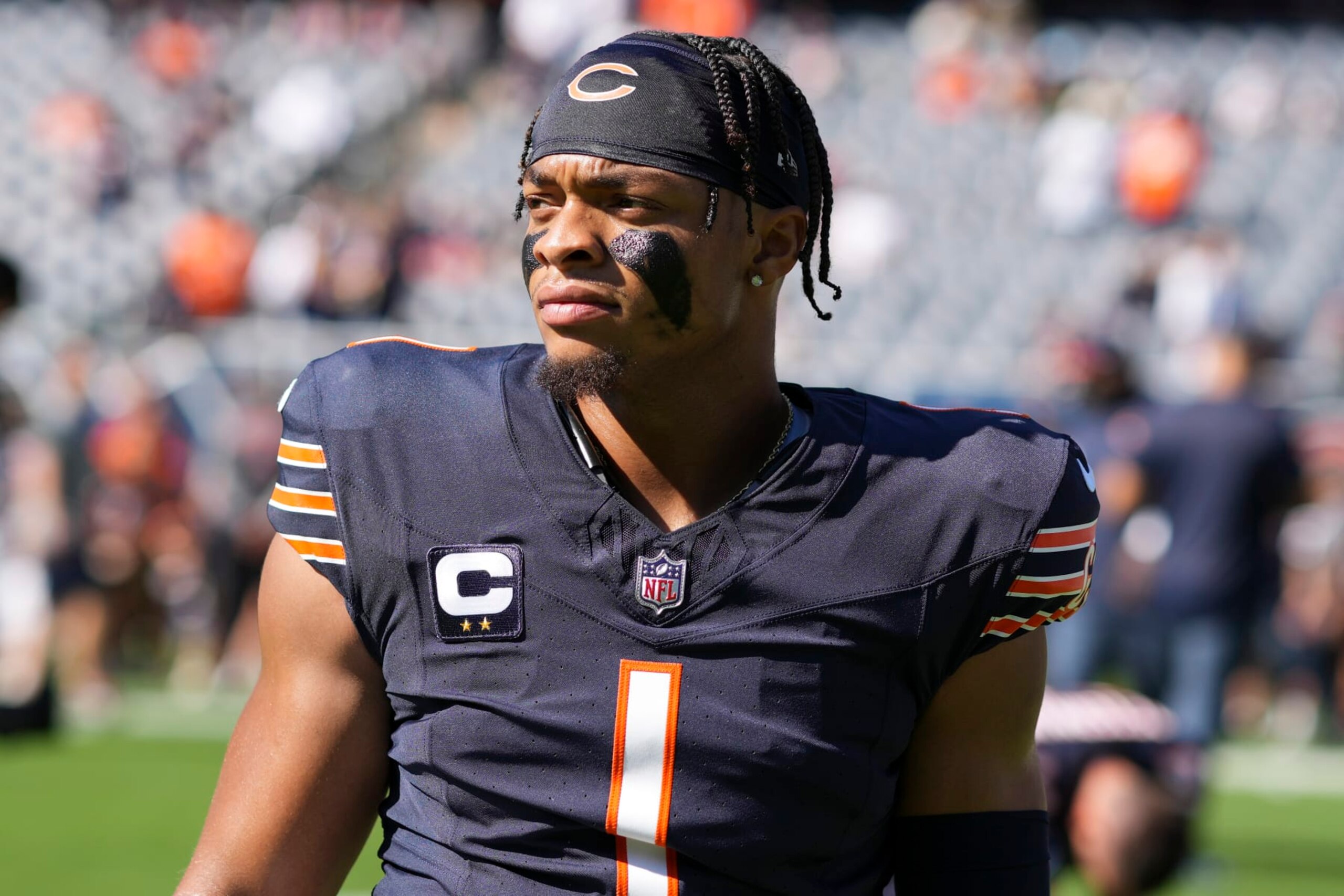 CHICAGO, IL - OCTOBER 1: Justin Fields of the Chicago Bears #1 warms up prior to an NFL football game against the Denver Broncos at Soldier Field on October 1, 2023 in Chicago, Illinois. (Photo by Todd Rosenberg/Getty Images)