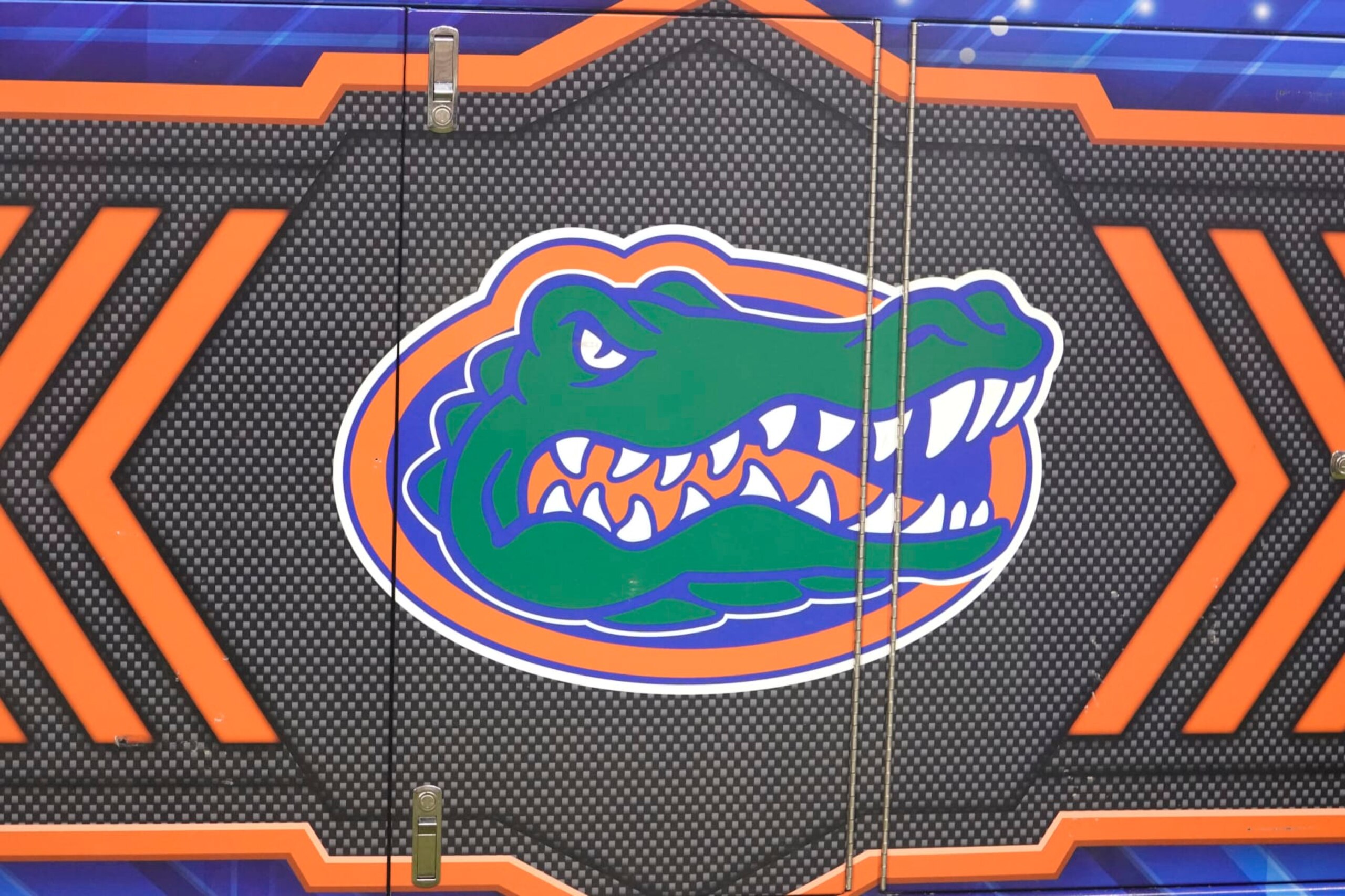 TALLAHASSEE, FL - NOVEMBER 25: Florida Gators logo on the sideline during a college football game against the Florida State Seminoles on Nov 25, 2022 at Doak Campbell Stadium in Tallahassee, FL. (Photo by Chris Leduc/Icon Sportswire via Getty Images)