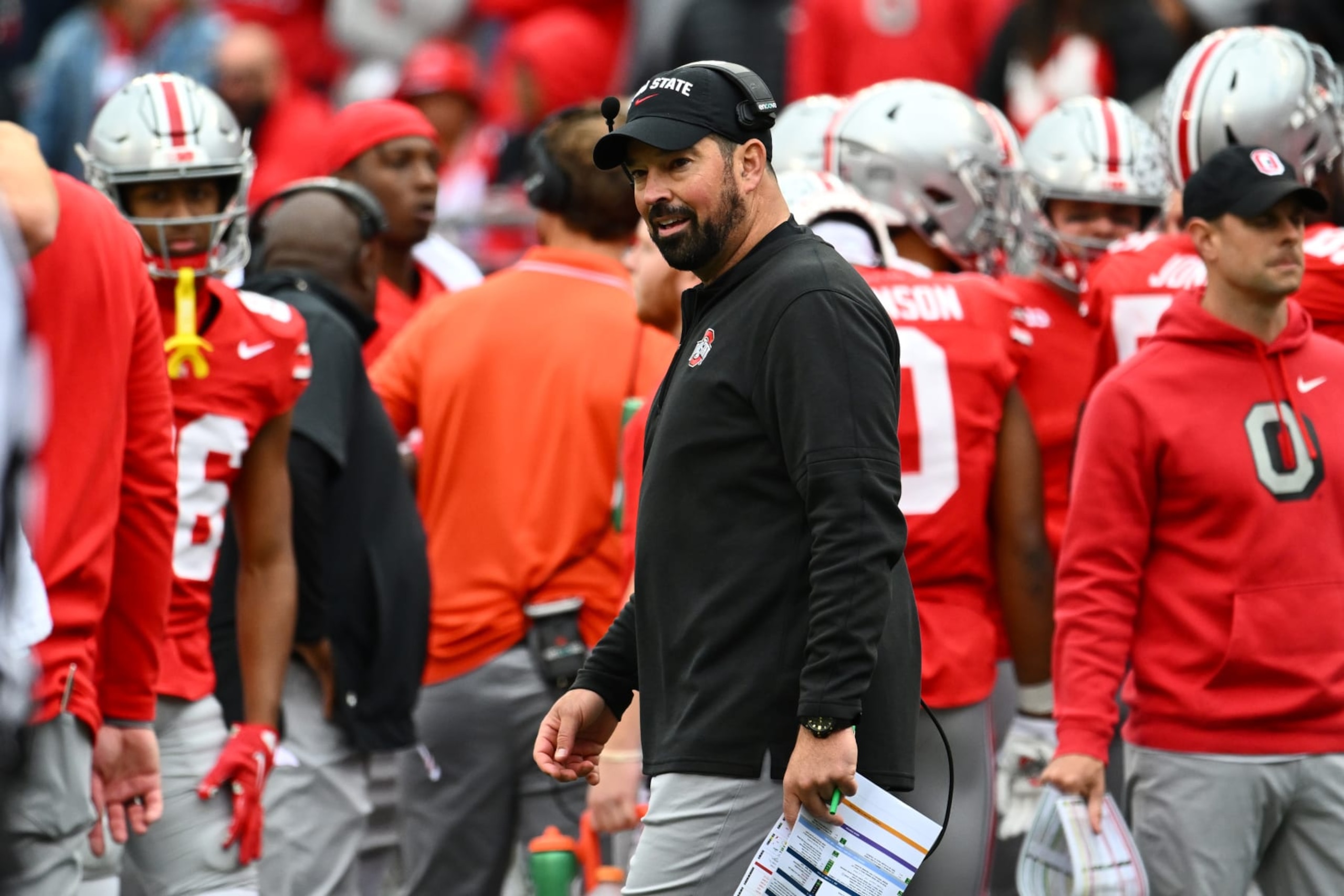COLUMBUS, OHIO - OCTOBER 21: Head Coach Ryan Day of the Ohio State Buckeyes walks during a timeout in the third quarter of a game against the Penn State Nittany Lionsat Ohio Stadium on October 21, 2023 in Columbus, Ohio. (Photo by Ben Jackson/Getty Images)