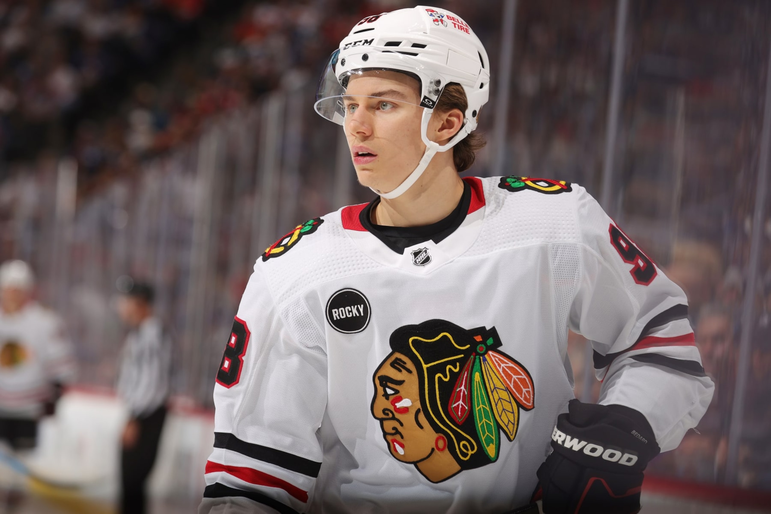 DENVER, COLORADO - OCTOBER 19: Connor Bedard #98 of the Chicago Blackhawks looks on during a game against the Colorado Avalanche at Ball Arena on October 19, 2023 in Denver, Colorado. (Photo by Michael Martin/NHLI via Getty Images)