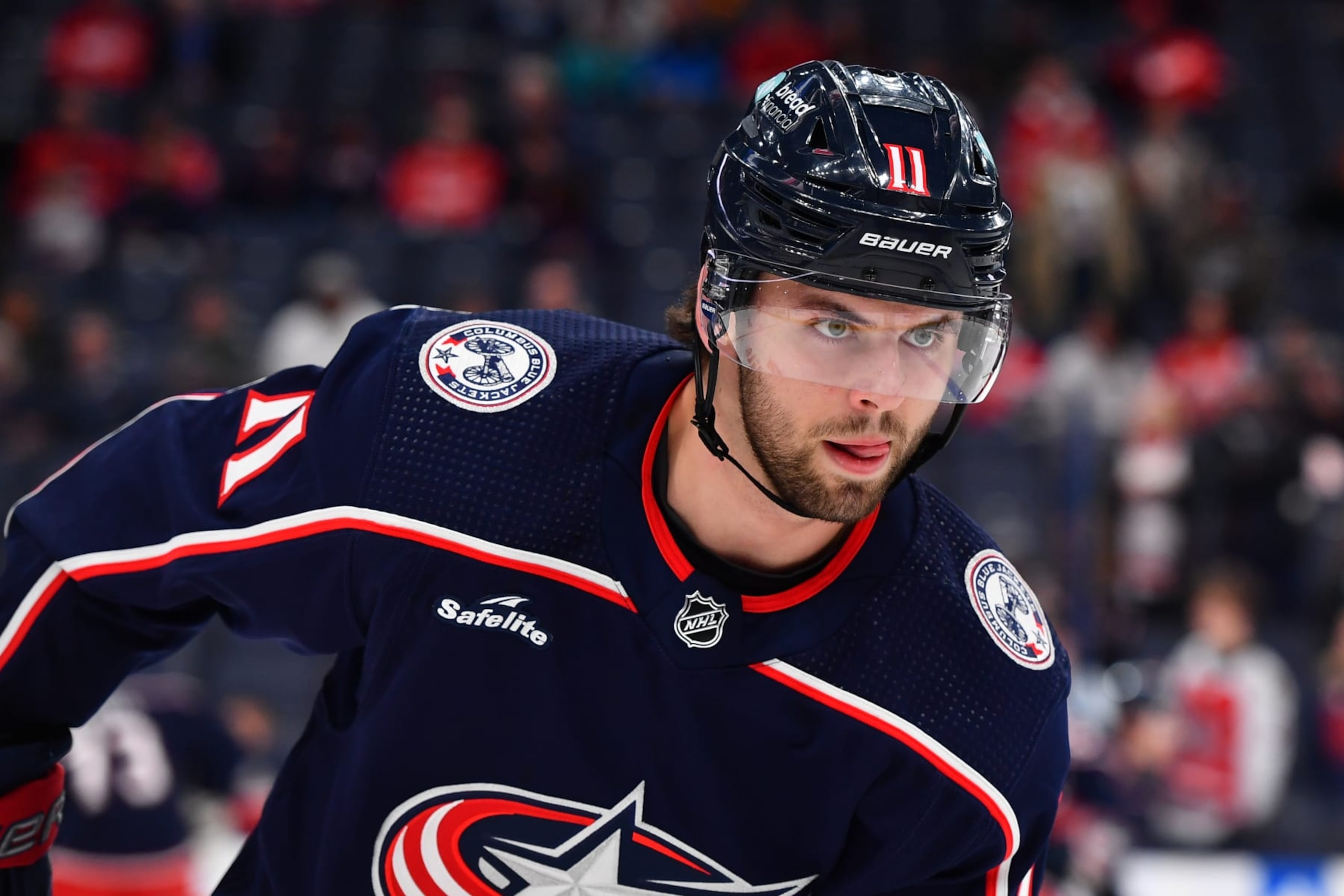 COLUMBUS, OHIO - OCTOBER 16: Adam Fantilli #11 of the Columbus Blue Jackets warms up prior to a game against the Detroit Red Wings at Nationwide Arena on October 16, 2023 in Columbus, Ohio. (Photo by Ben Jackson/NHLI via Getty Images)