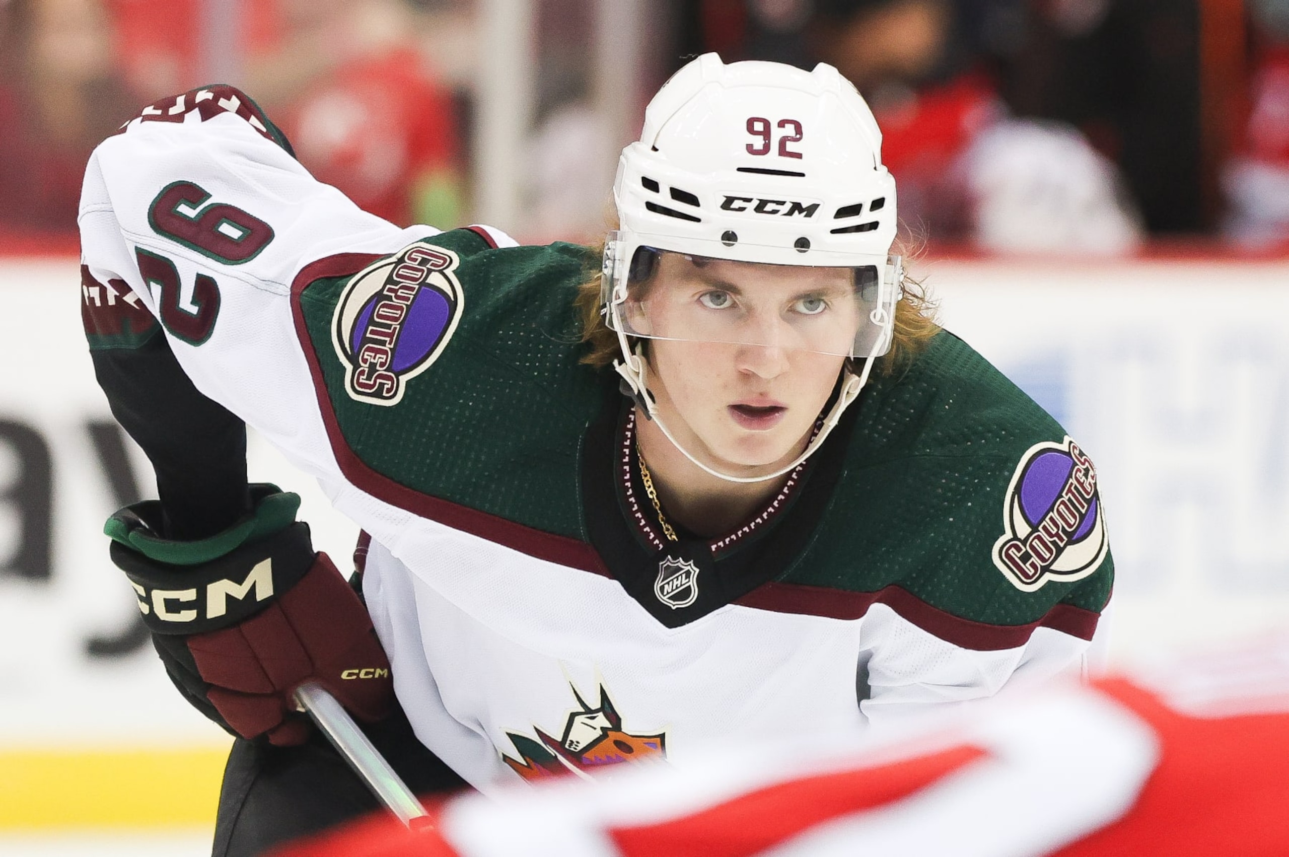 NEWARK, NJ - OCTOBER 13: Arizona Coyotes center Logan Cooley (92) looks on during a game between the Arizona Coyotes and New Jersey Devils on October 13, 2023 at Prudential Center in the Newark, New Jersey.(Photo by Andrew Mordzynski/Icon Sportswire via Getty Images)